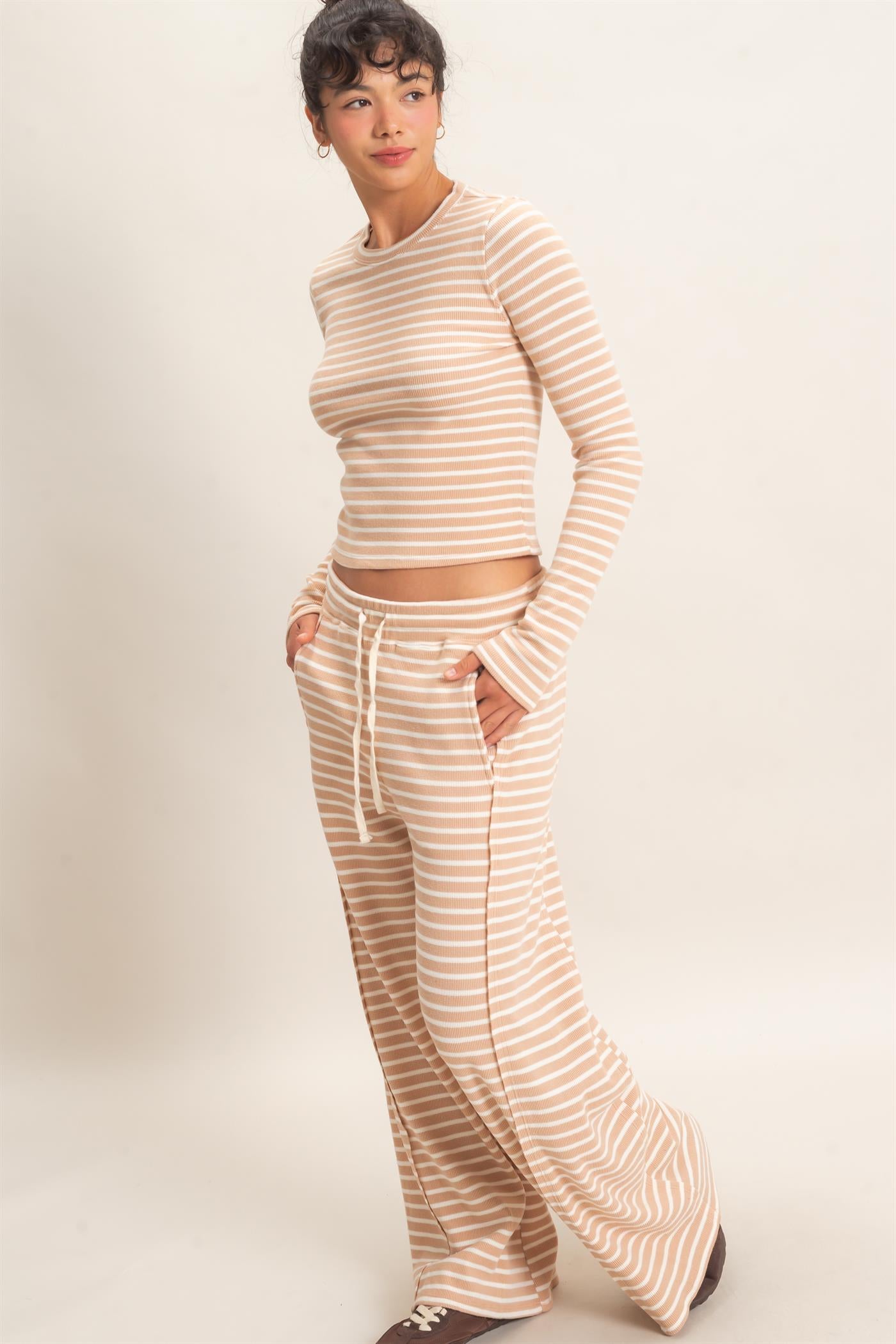 Wholesale Striped Waffle Long Sleeve Top & Pants Set Clothing DZ25F479-SET SAND DOUBLE ZERO