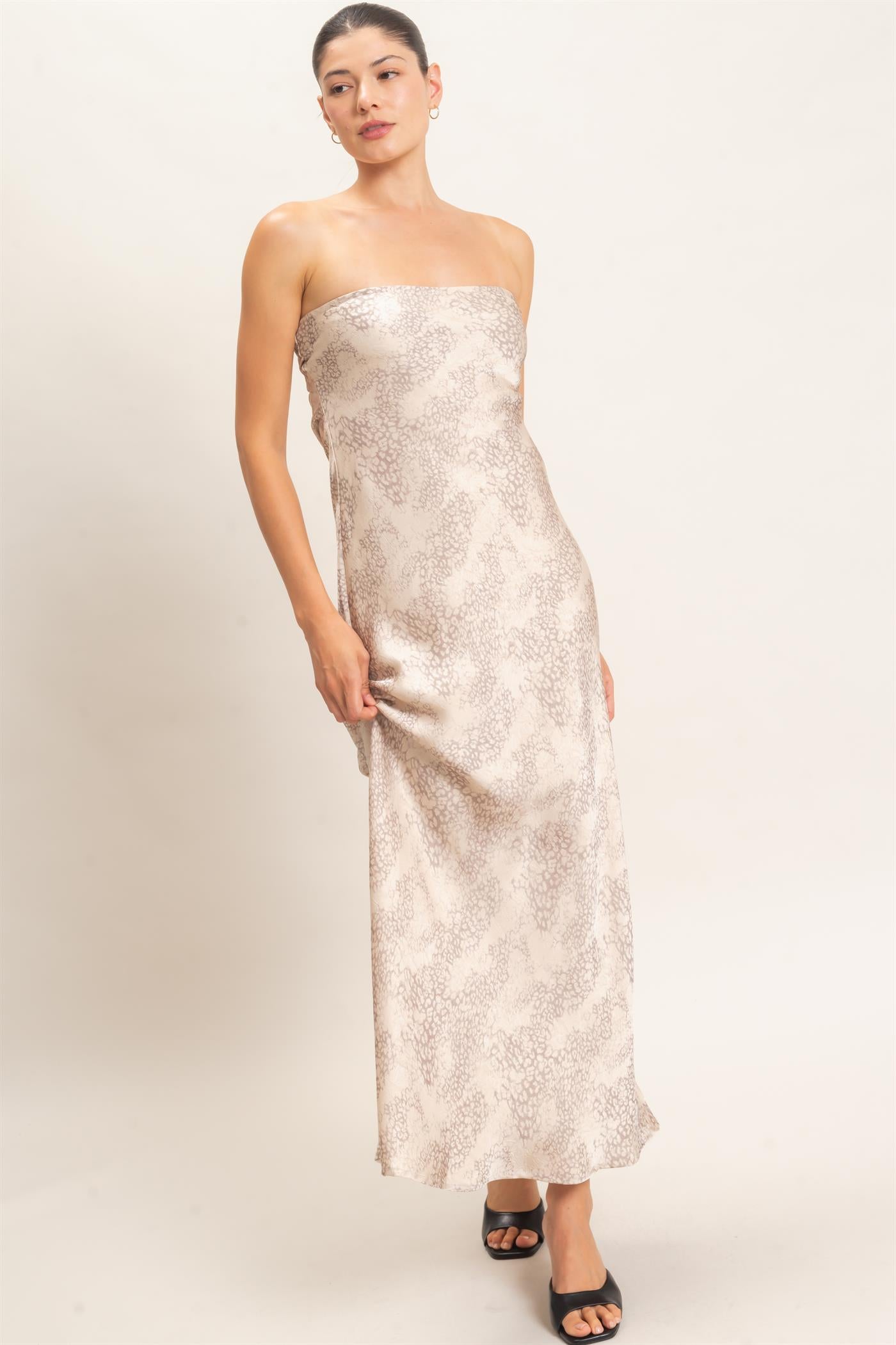 Wholesale Satin Patterned Maxi Dress Dresses HF26F029 TAUPE HYFVE