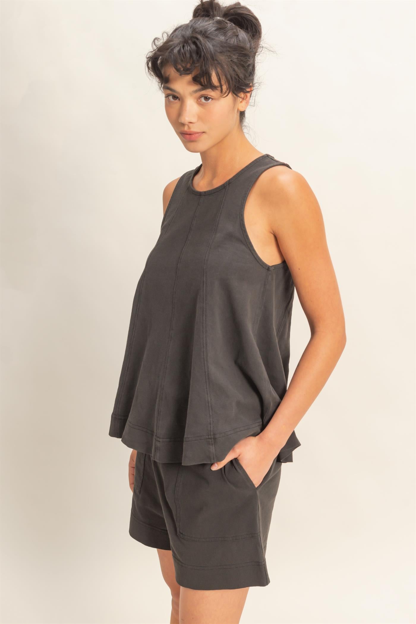 Wholesale Sleeveless Round Neck Top & Shorts Set Clothing DZ26C730-SET BLACK DOUBLE ZERO