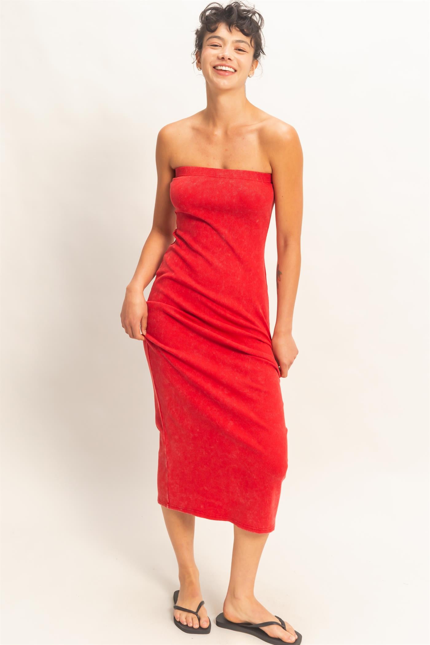 Wholesale Acid Washed Ribbed Midi Tube Dress Dresses DZ26C620 RED DOUBLE ZERO