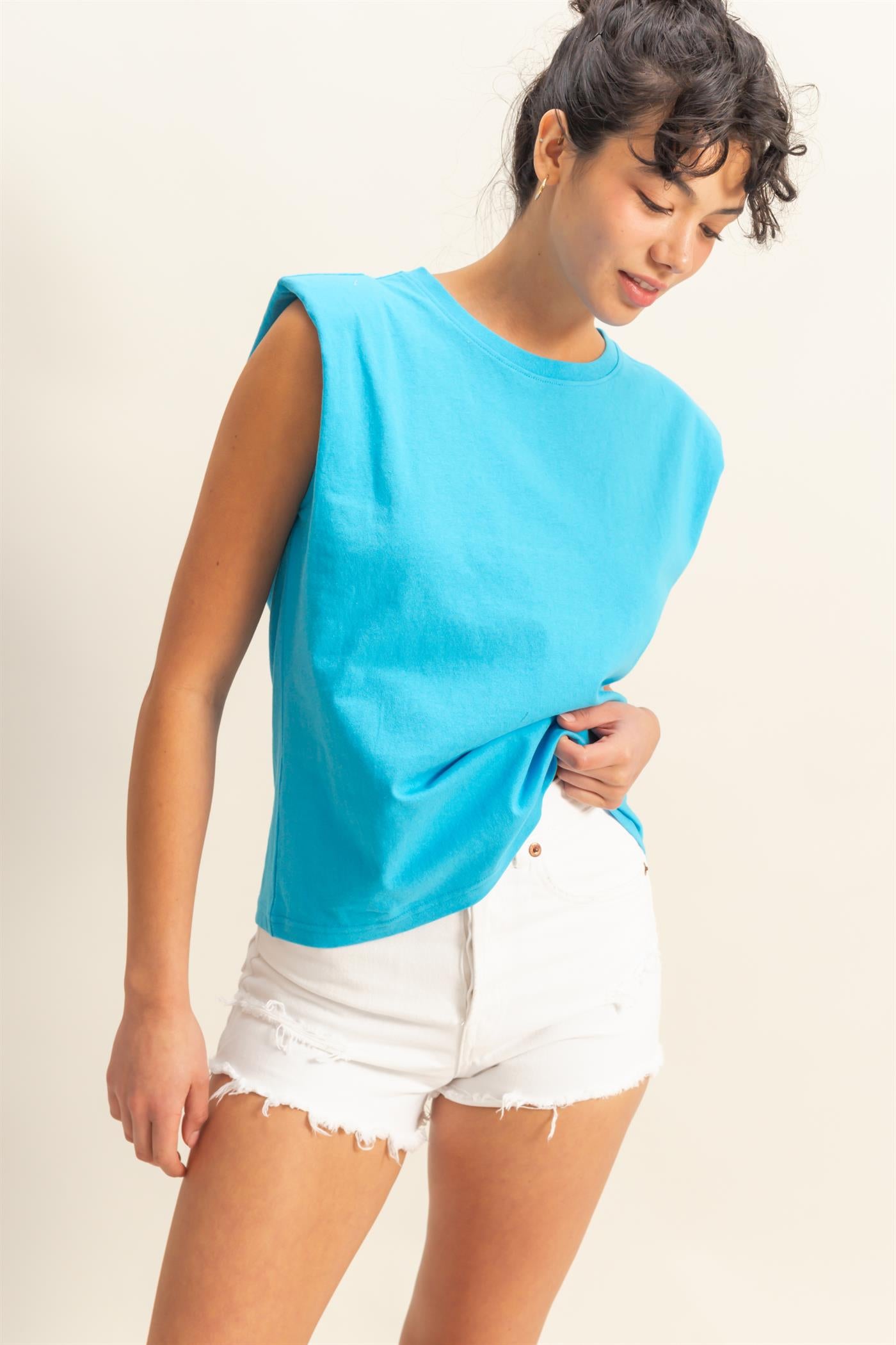 Wholesale Shoulder Pad Sleeveless Top Clothing Tops DZ24C849 AQUA BLUE DOUBLE ZERO