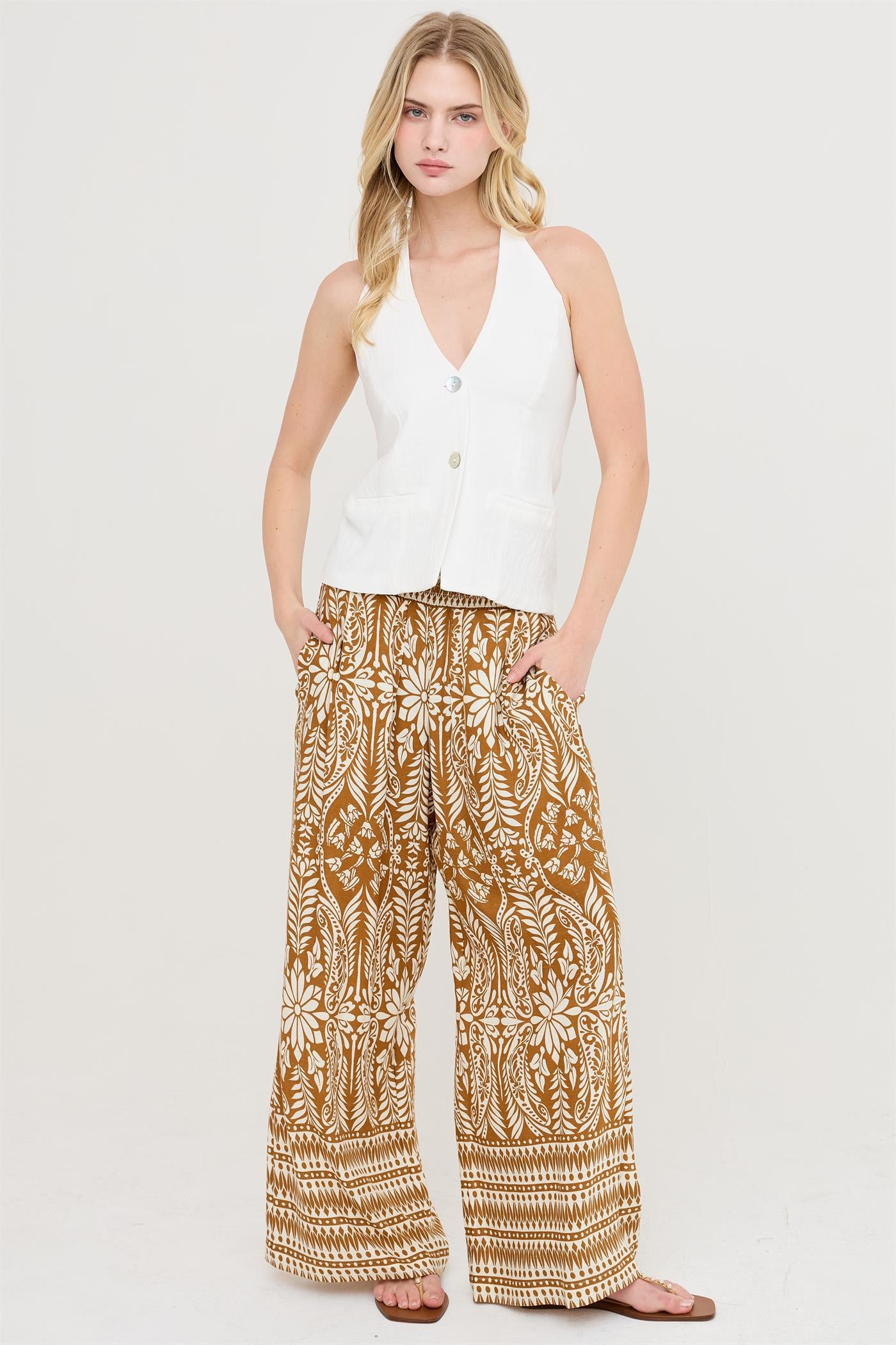 Wholesale Smocked Waist Floral Pants Pants HF26C161-D BROWN HYFVE