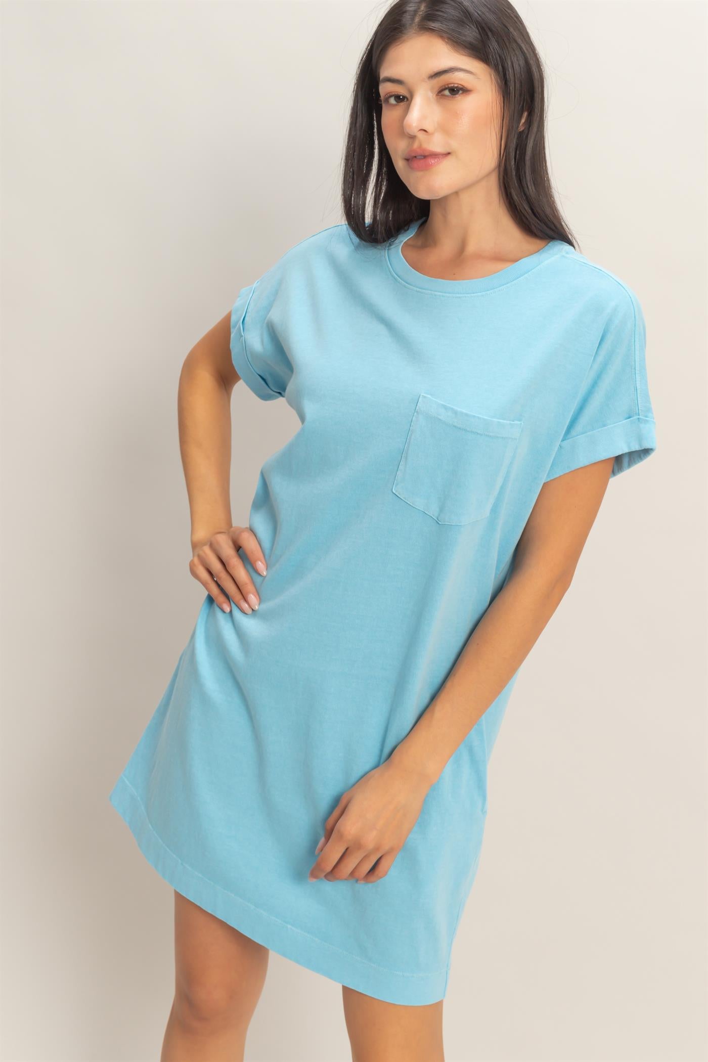 Wholesale Round Neck T-Shirt Mini Dress Dresses DZ26A029 BLUE DOUBLE ZERO