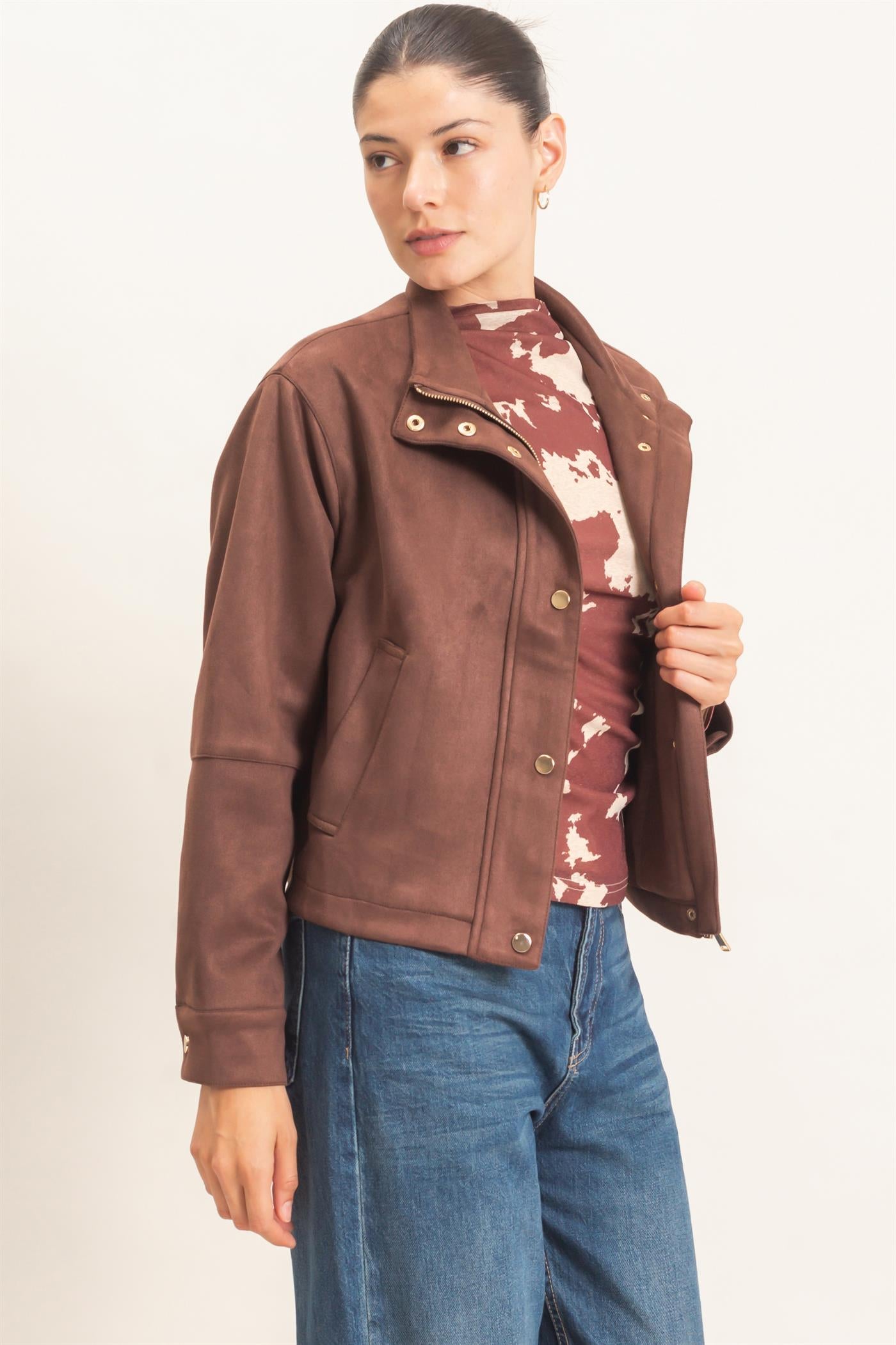 Wholesale Collar Suede Snap Jacket Coats & Jackets HF26E373 CHESTNUT HYFVE