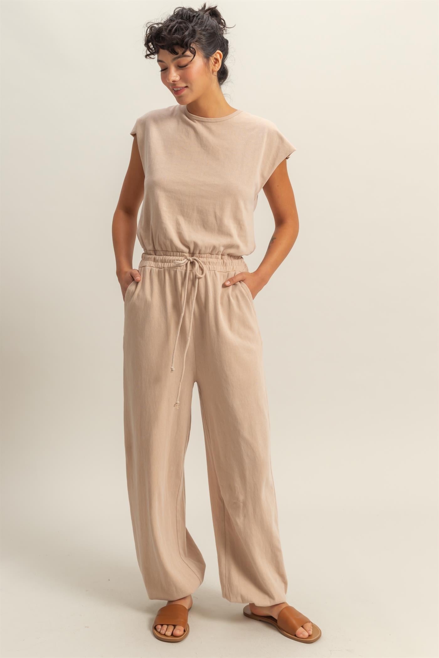 Wholesale Short Sleeve Casual Jumpsuit Clothing DZ24C619 DARK TAUPE DOUBLE ZERO