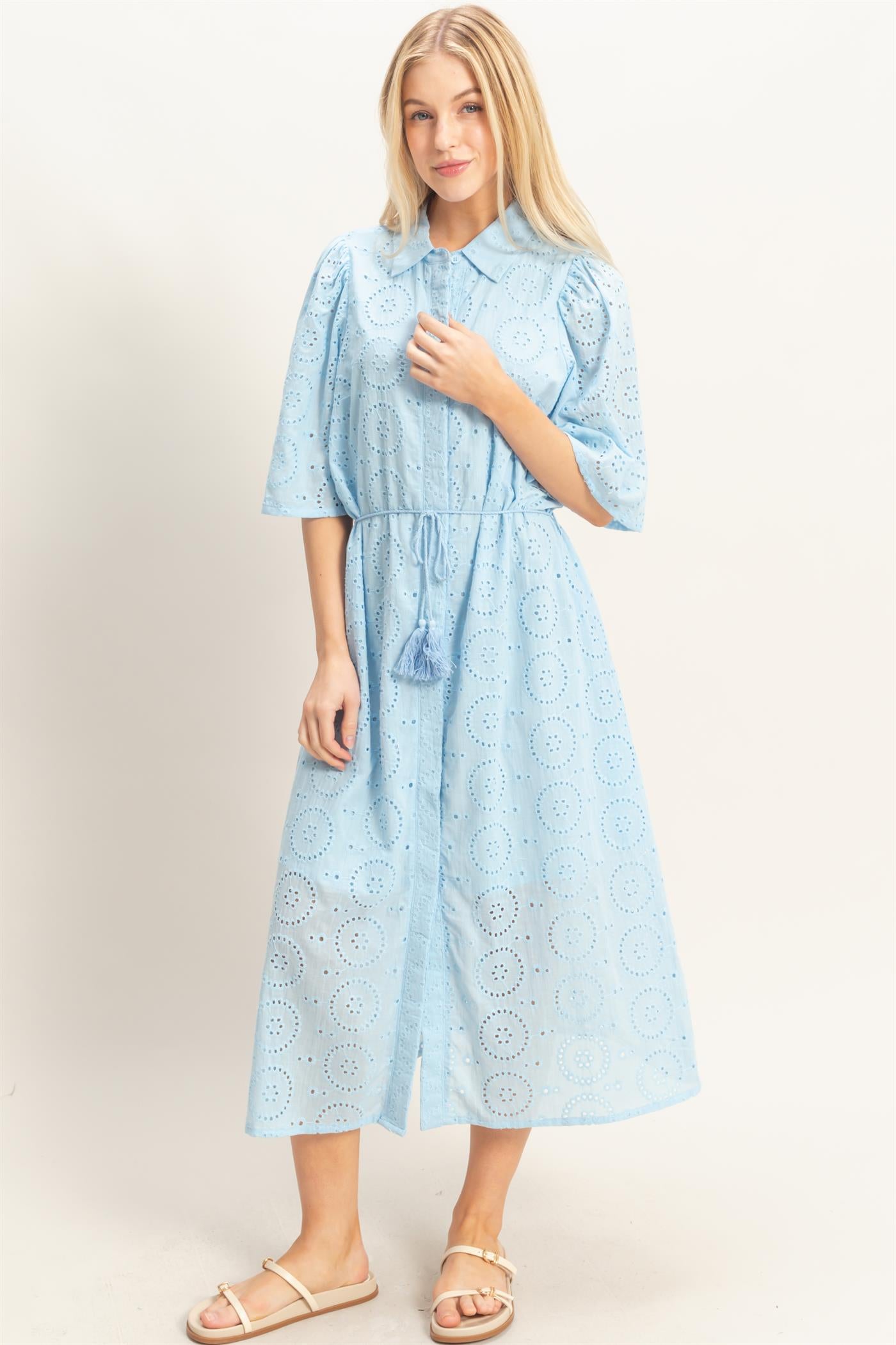 Wholesale Eyelet Collared Midi Dress Dresses HF26A021 L.BLUE HYFVE