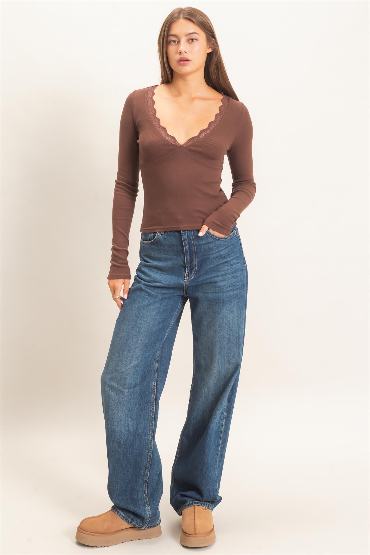 Wholesale Lace Trim V-Neck Top Clothing Tops DZ26E913 DARK BROWN DOUBLE ZERO