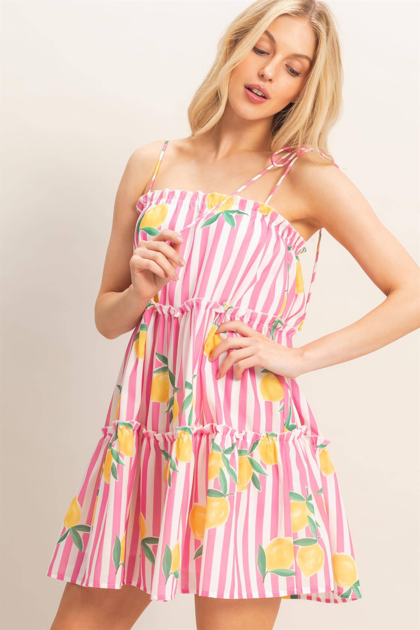 Wholesale Striped Tiered Mini Dress Dresses HF26C319 PINK HYFVE