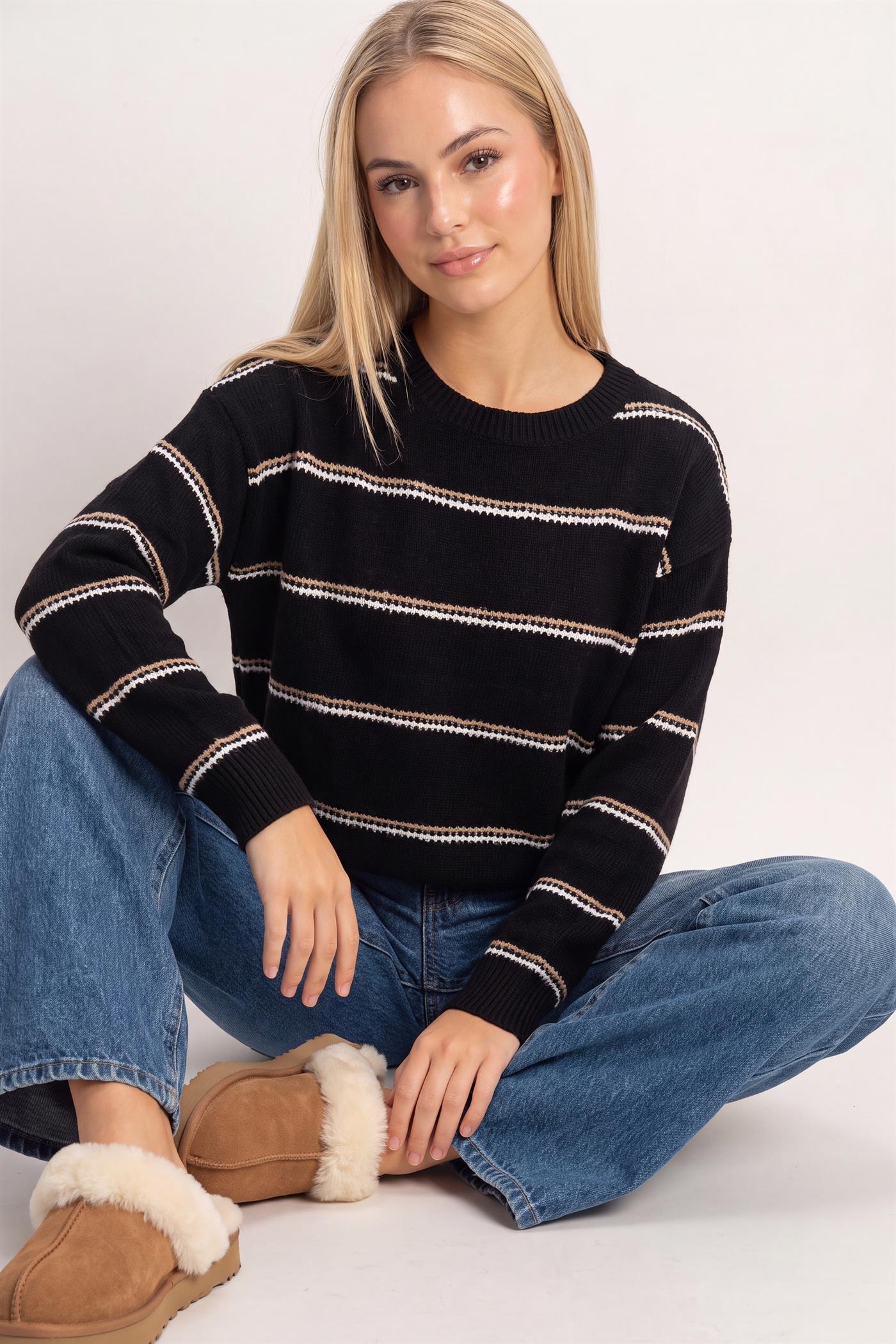 Wholesale Striped Crew Neck Sweater Sweaters HF26E696-D BLACK HYFVE