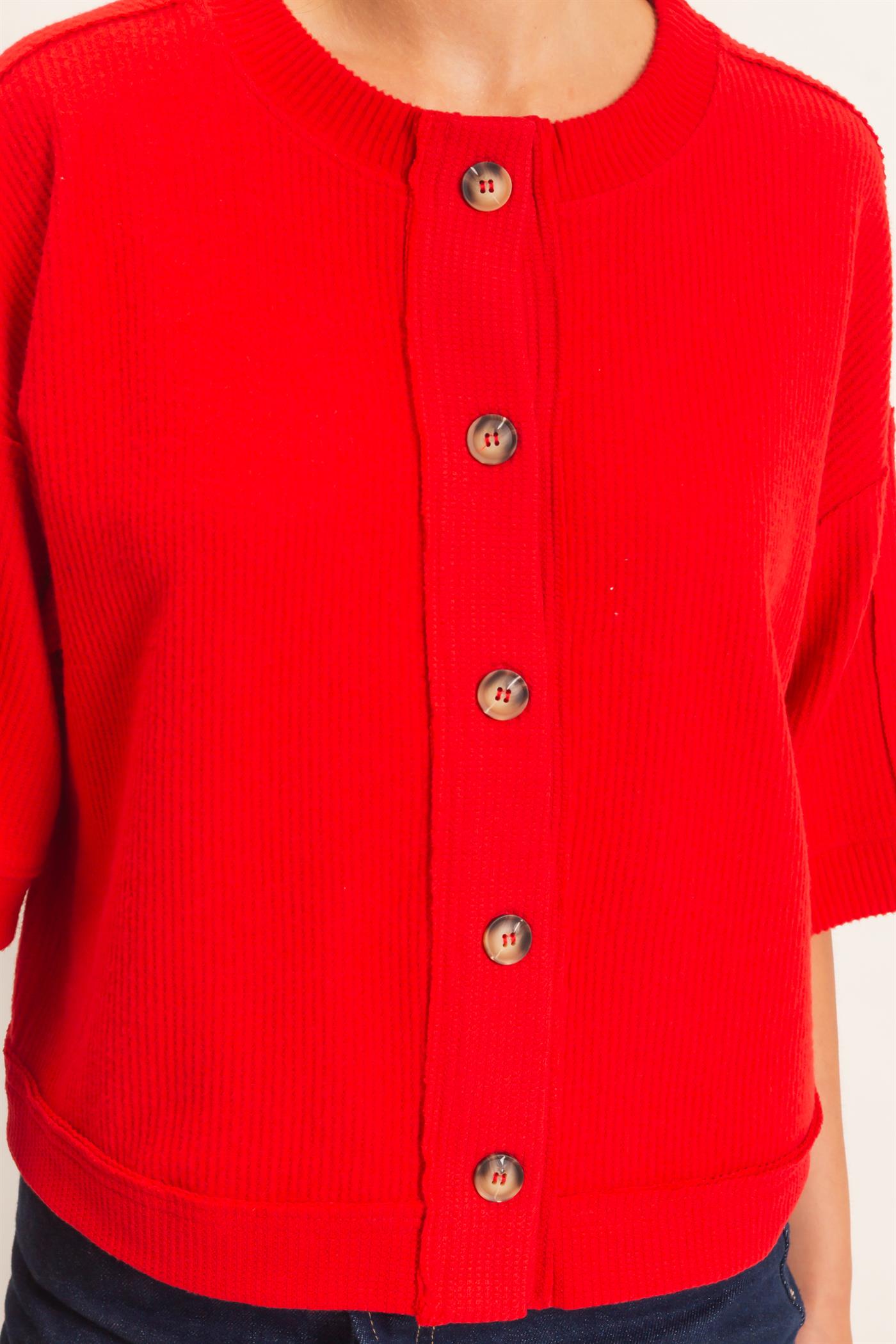Wholesale Button-Down Short Sleeve Waffle Top Clothing Tops DZ26F244 RED DOUBLE ZERO