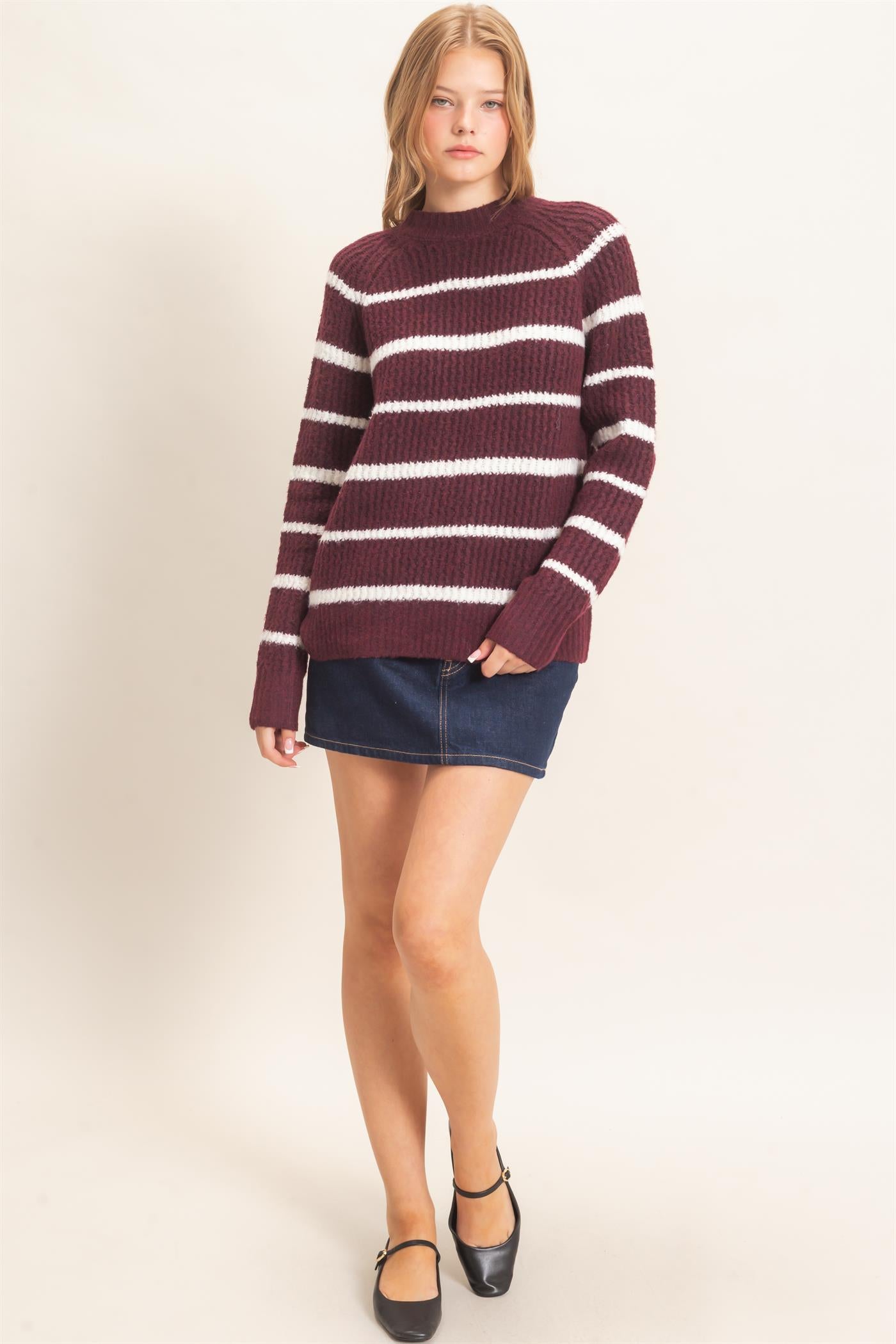 Wholesale Textured Striped Mock Neck Sweater Sweaters HF26E765 WINE HYFVE