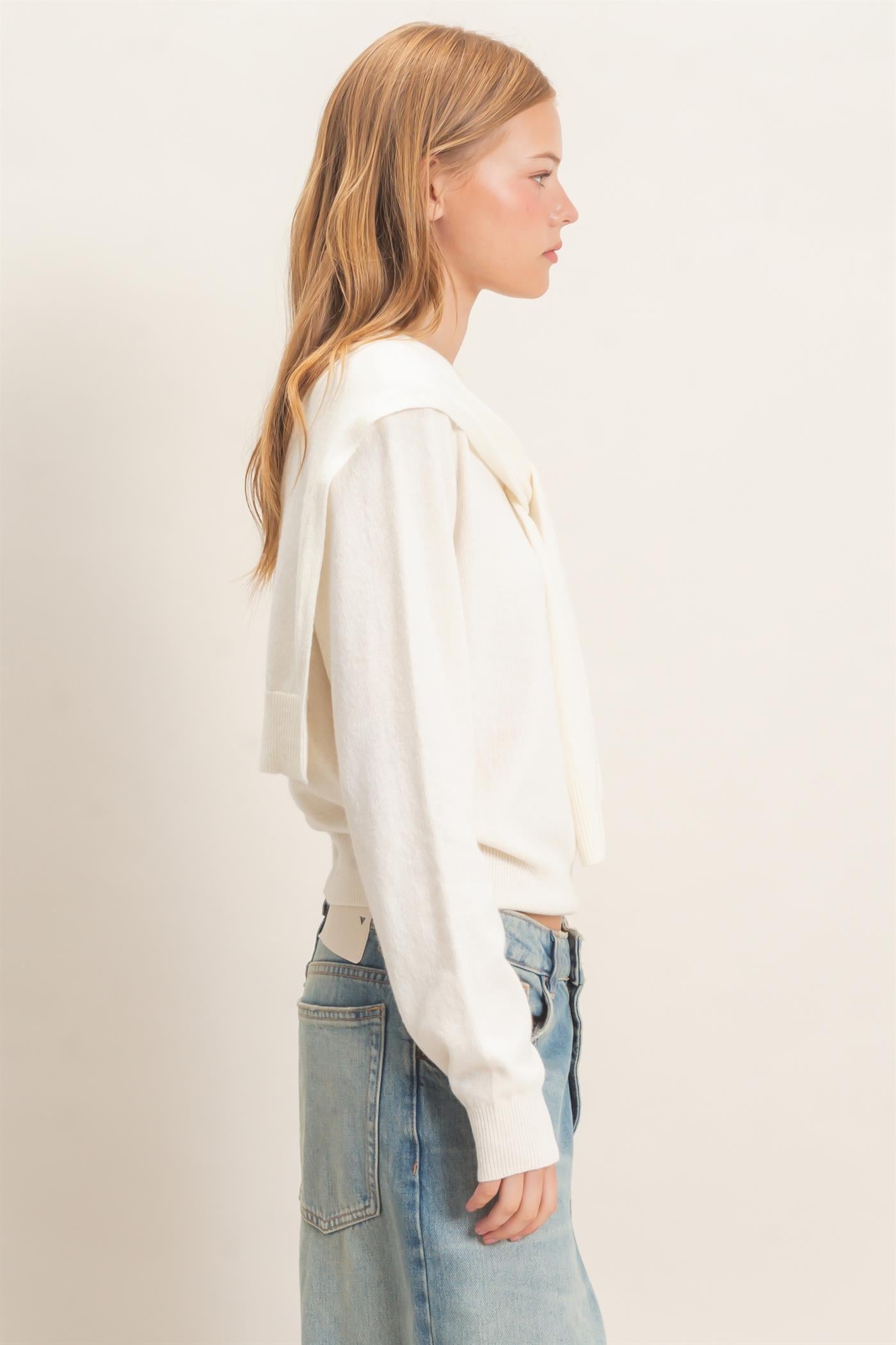 Wholesale Crew Neck Sweater With Faux Wrap Sweaters HF26E698 CREAM HYFVE
