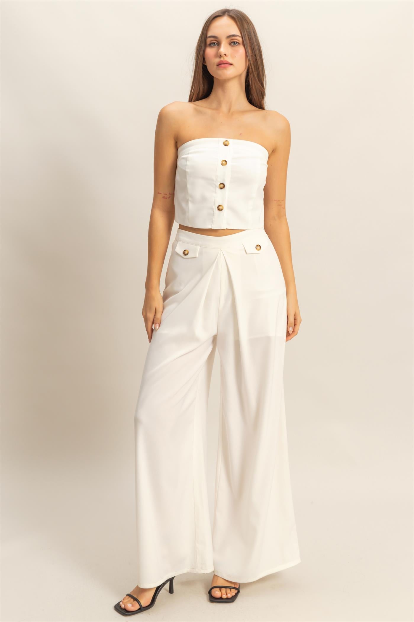 Wholesale Strapless Buttoned Top And Pants Set Clothing HF25E017-SET OFF WHITE HYFVE