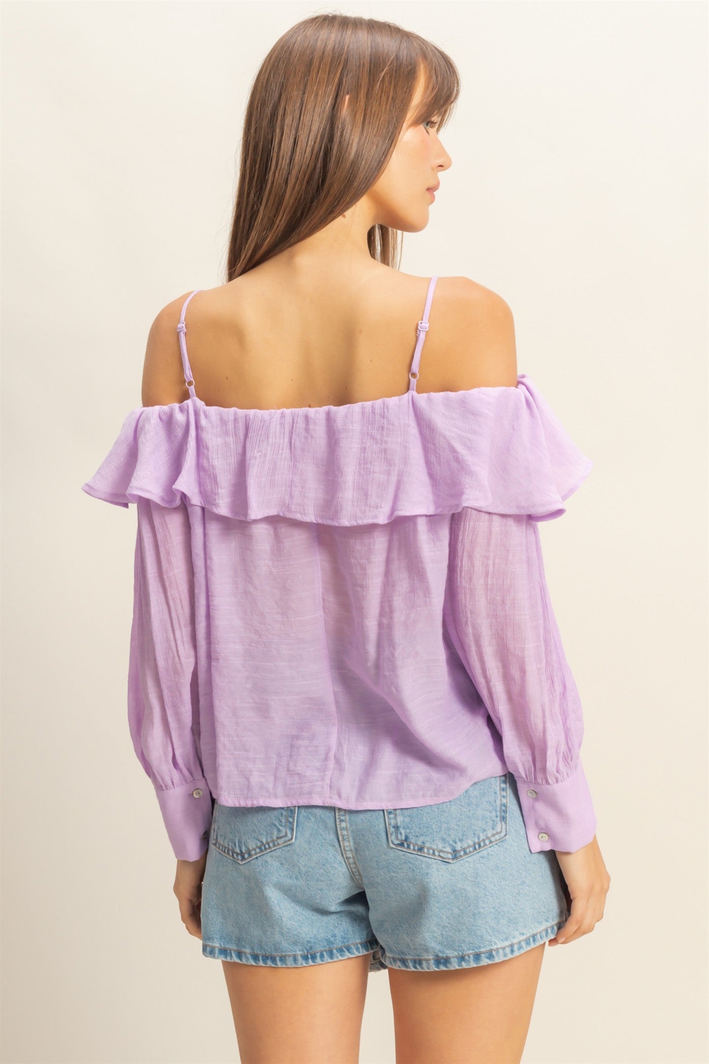 Wholesale Cold-Shoulder Ruffled Blouse Clothing Tops HF23C787 LAVENDER HYFVE