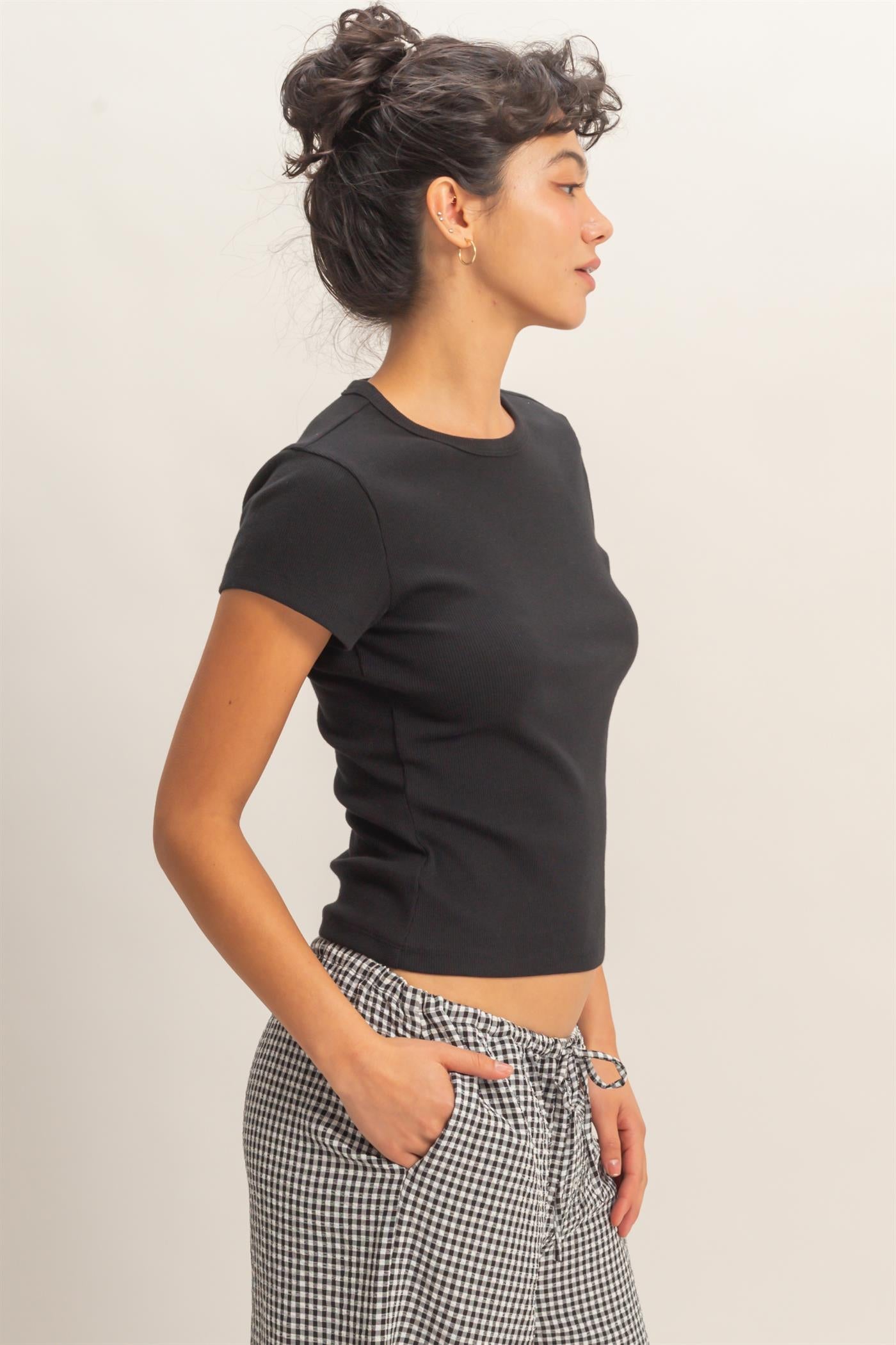 Wholesale Basic Ribbed Short Sleeve Top Clothing Tops DZ26A137 BLACK DOUBLE ZERO