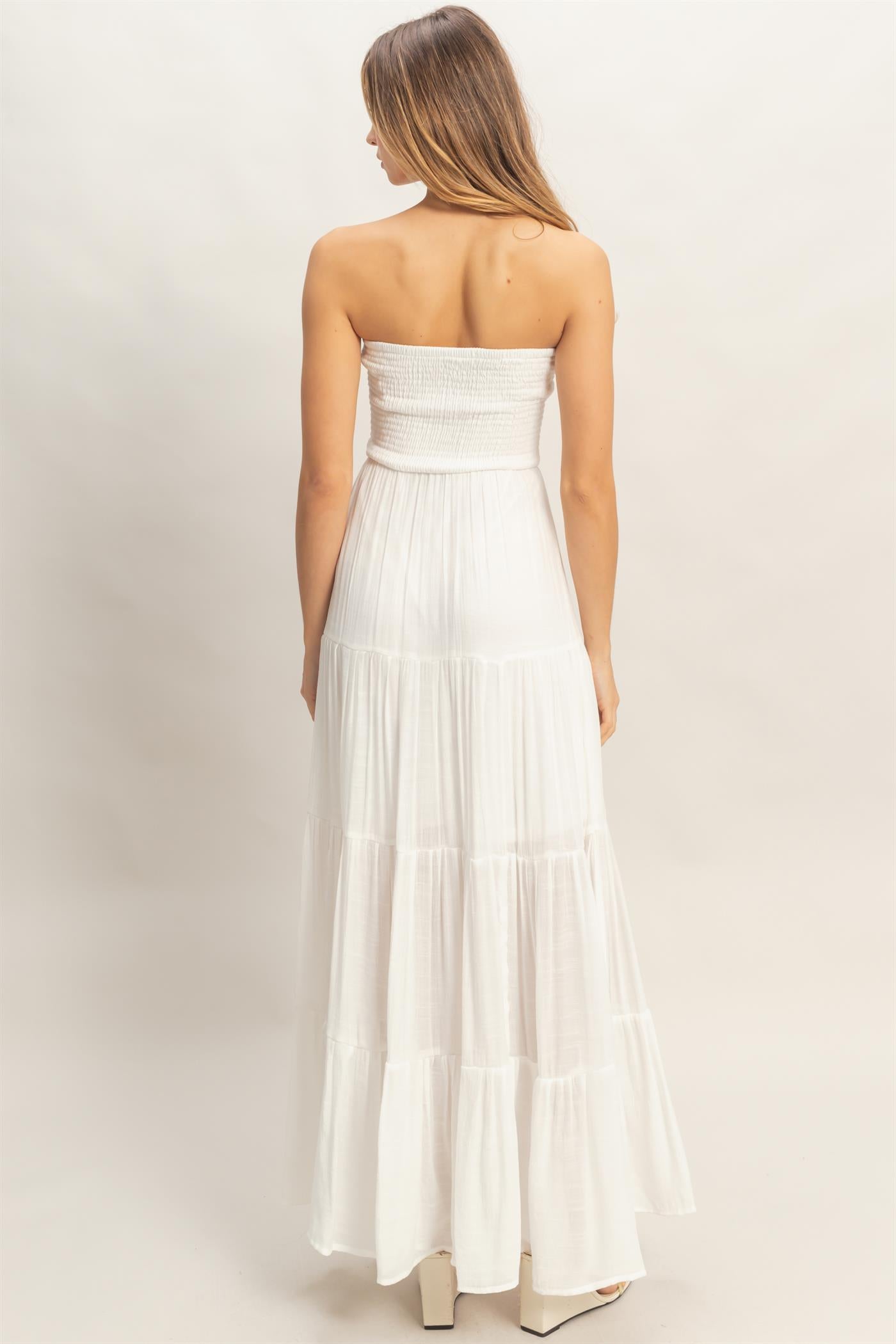 Wholesale Smocked Elastic Neck Maxi Dress Dresses HF26C284-D WHITE HYFVE