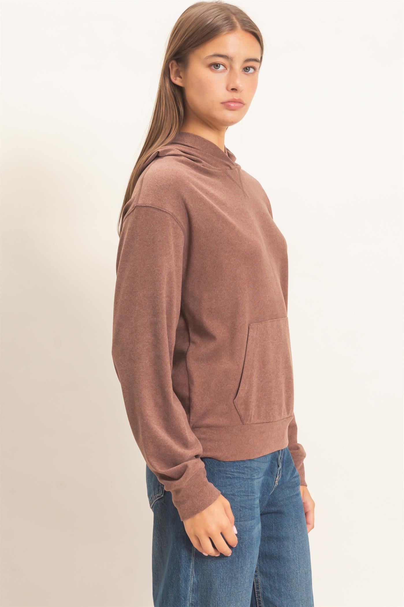 Wholesale Long Sleeve Hoodie With Kangaroo Pocket Hoodies DZ26F276 DARK BROWN DOUBLE ZERO