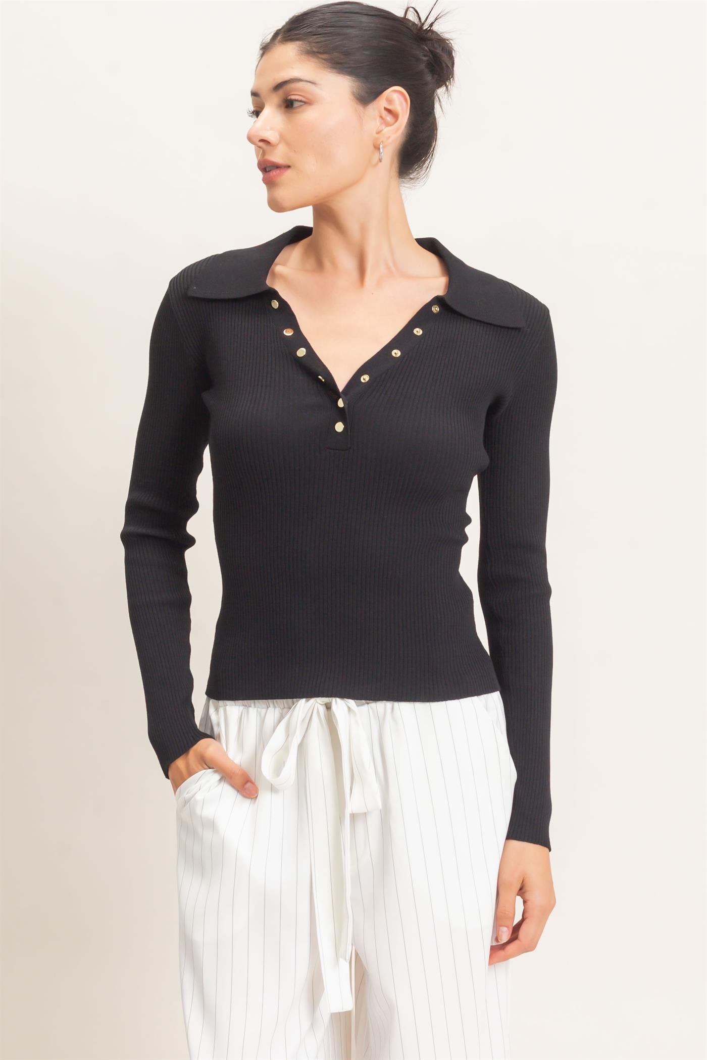 Wholesale Ribbed V-Neck Sweater With Collar Clothing Tops HF26E684 BLACK HYFVE