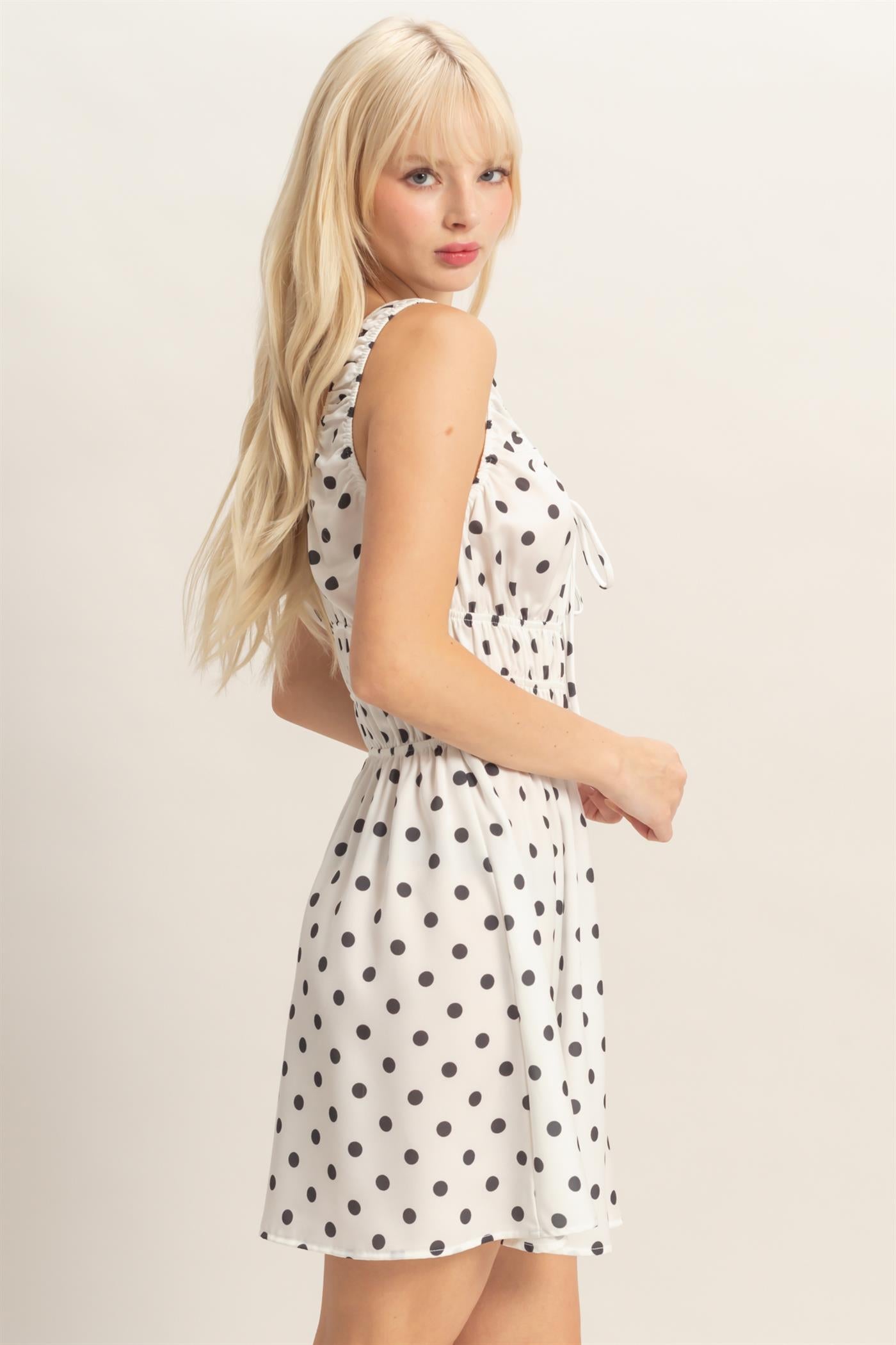 Wholesale Satin Polka Dot Mini Dress With Tie Dresses DZ25E064 WHITE DOUBLE ZERO