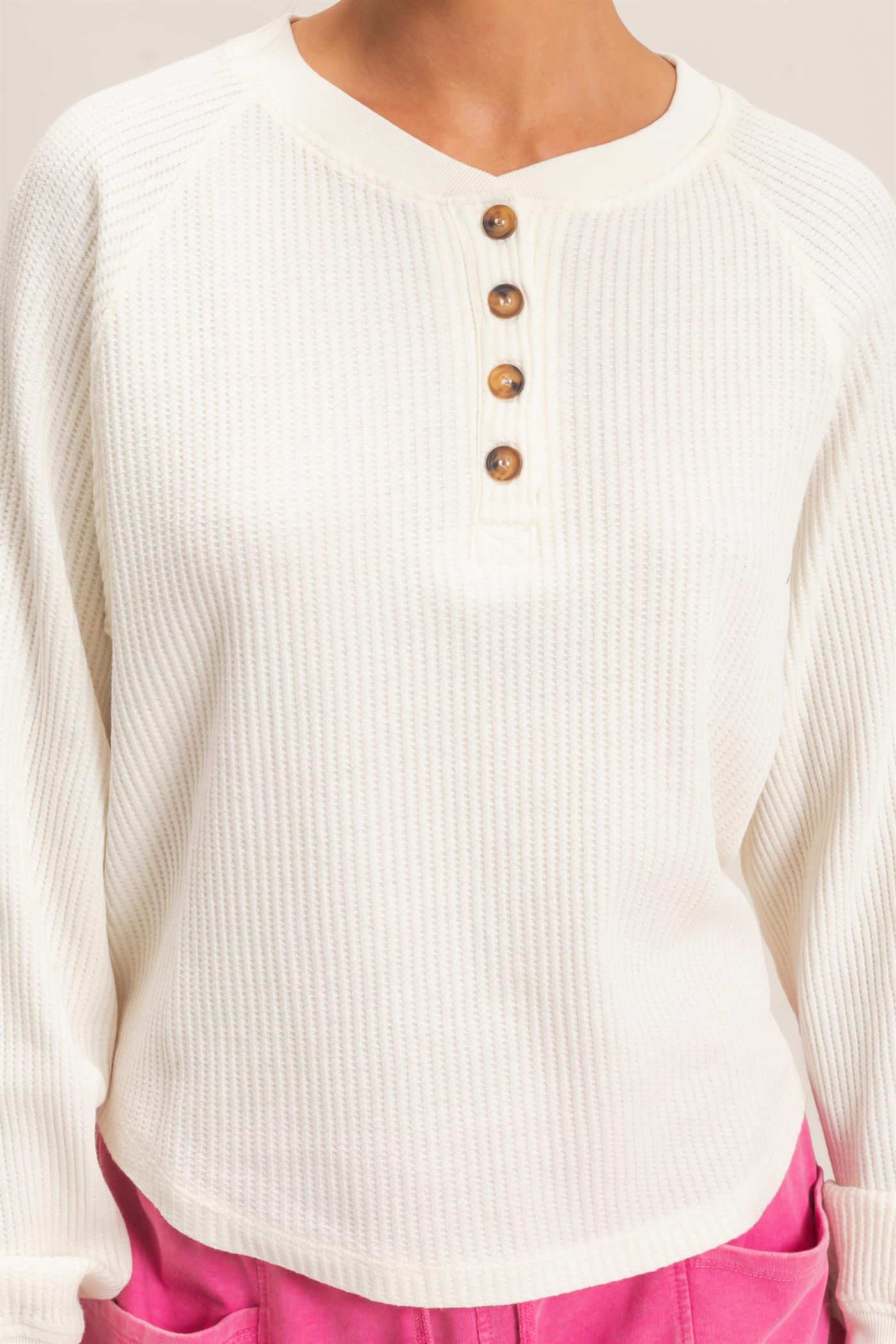 Wholesale Mineral Wash Waffle Knit Henley Top Sweatshirts DZ26E947 CREAM DOUBLE ZERO