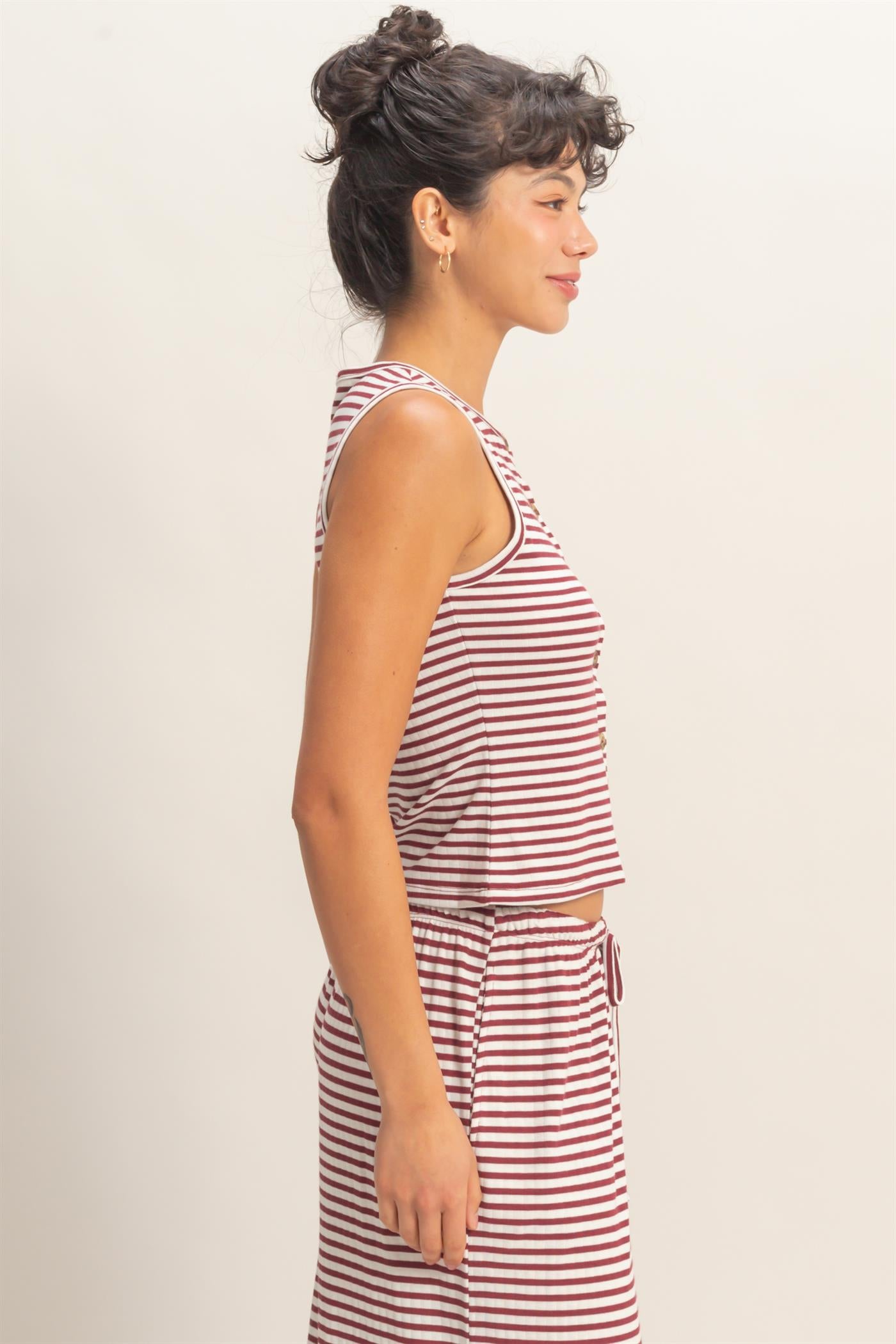 Wholesale Striped Button-Front Crew Neck Sleeveless Top Clothing Tops DZ26C075 DARK RED DOUBLE ZERO