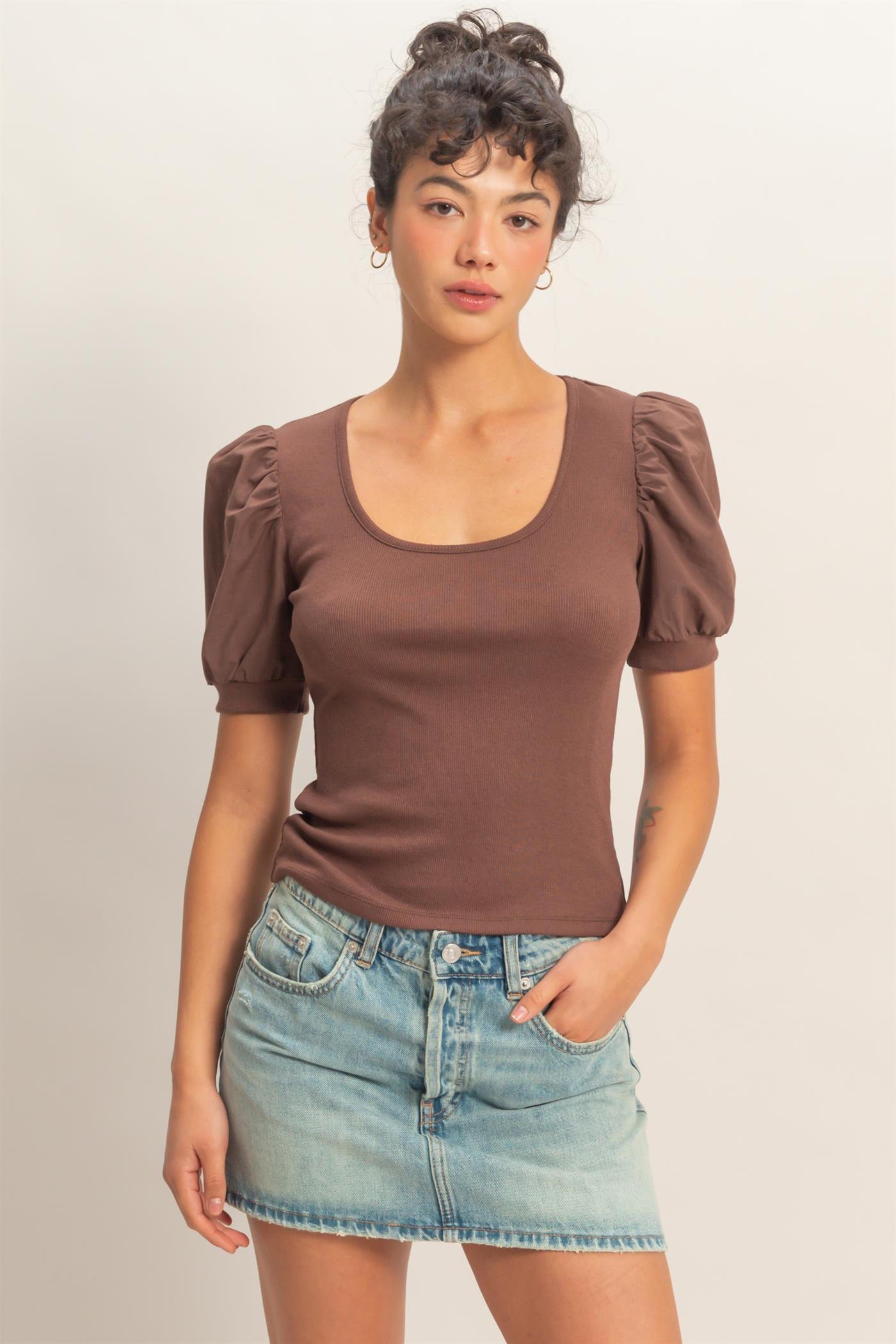 Wholesale Ribbed Puff Sleeve Scoop Neck Top Clothing Tops DZ26C071 CHOCOLATE DOUBLE ZERO