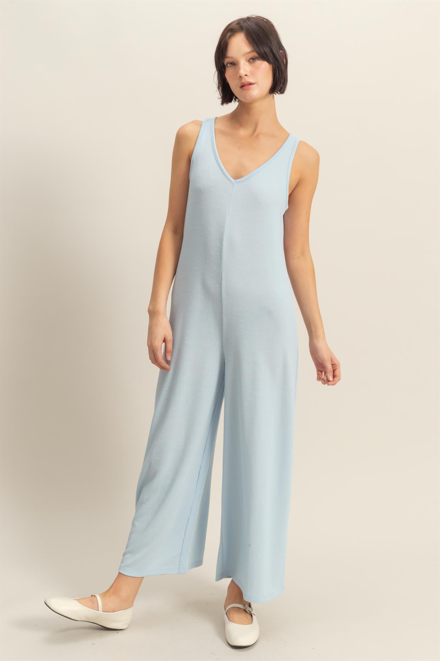 Wholesale V-Neck Sleeveless Wide Leg Jumpsuit Clothing DZ25C805 ICE BLUE DOUBLE ZERO