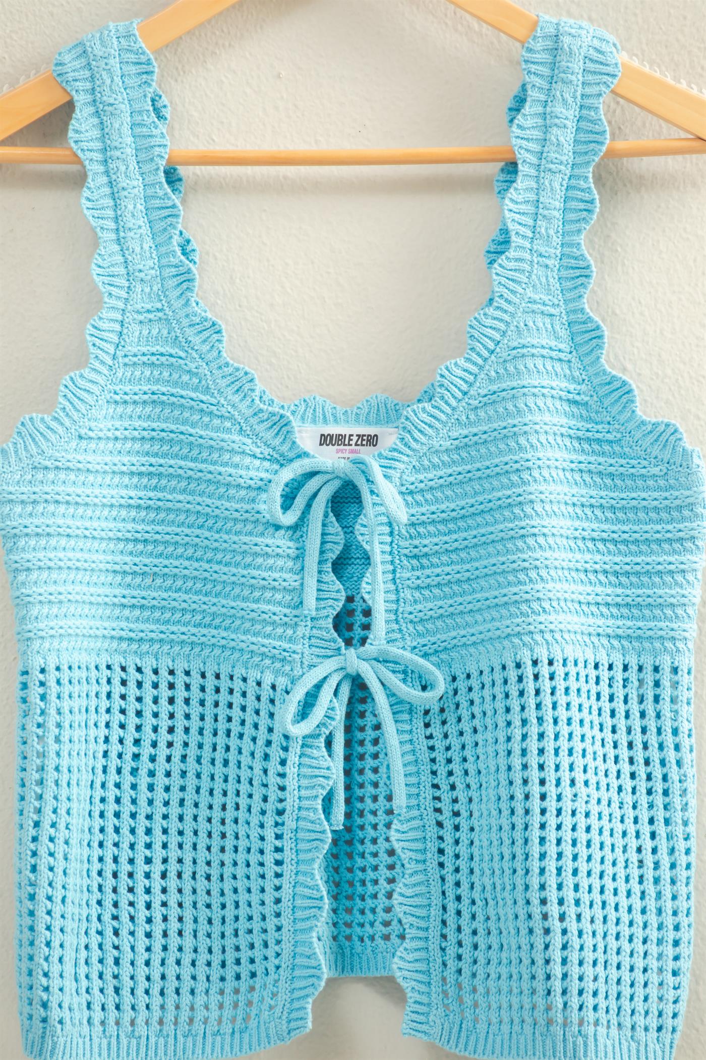 Wholesale Sleeveless Open Knit Double Tie-Front Vest Shirts DZ26A809 BLUE DOUBLE ZERO