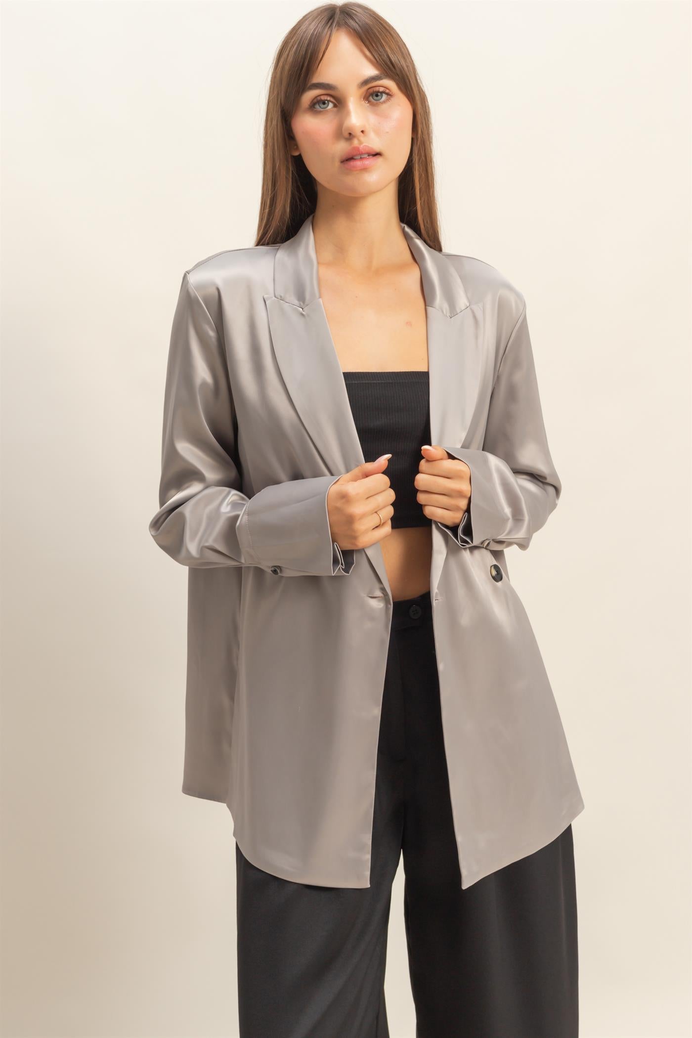 Wholesale Satin Long Sleeve Blazer Coats & Jackets HF23G242 GREY HYFVE