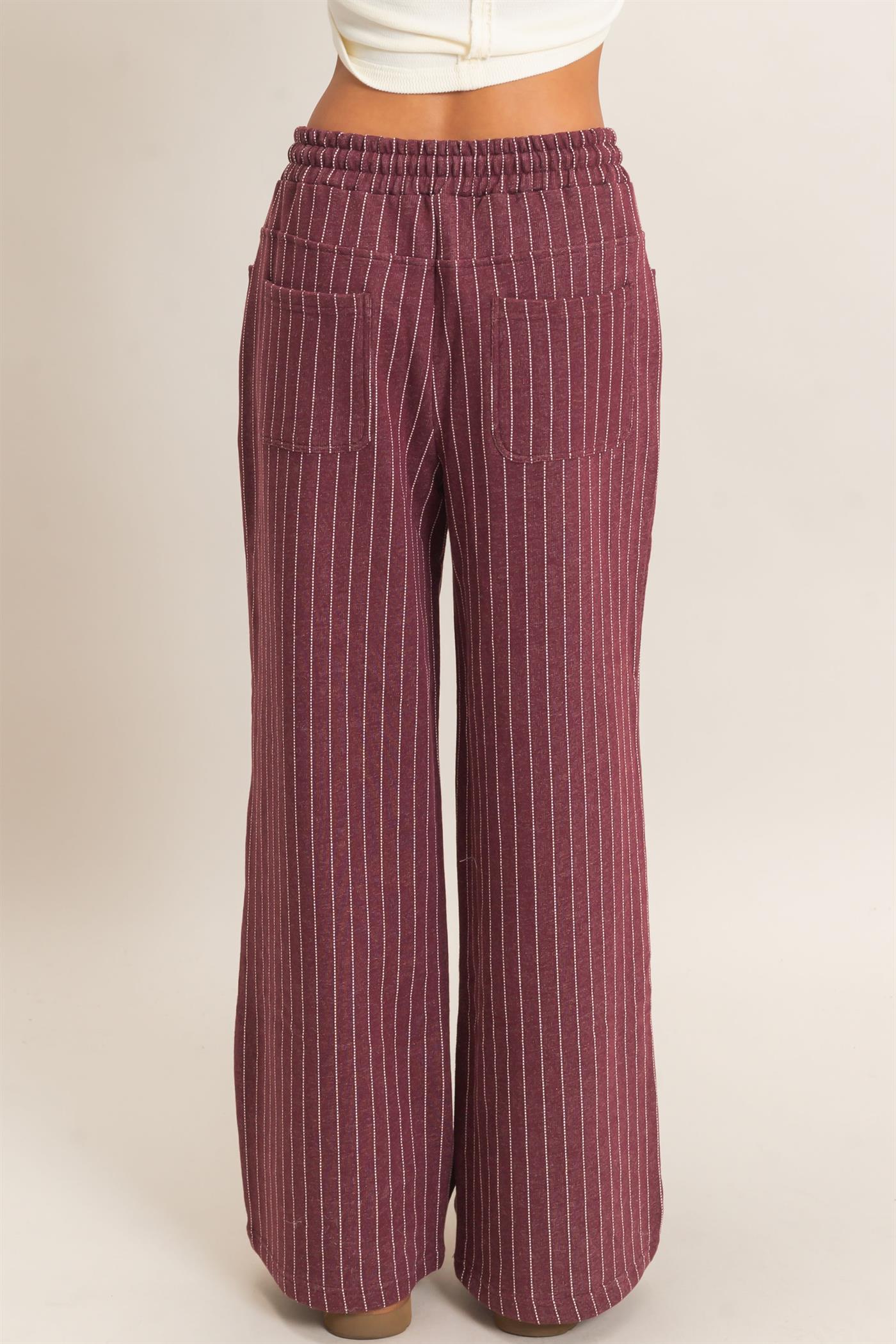 Wholesale Pinstripe Elastic Waist Sweatpants Pants DZ26A813 DARK CHERRY DOUBLE ZERO