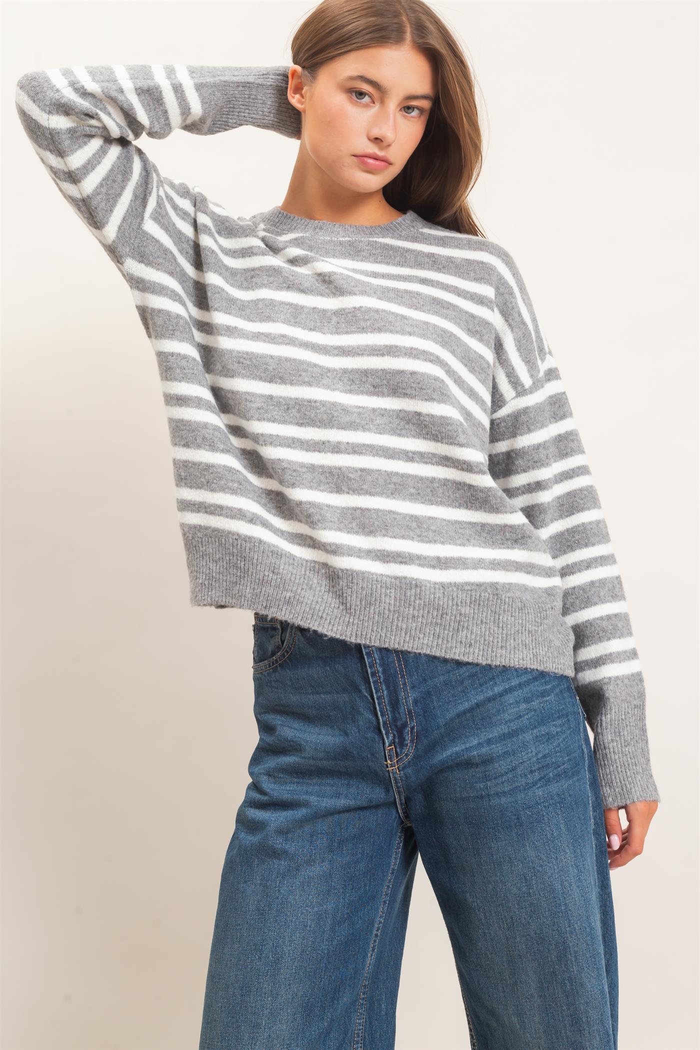 Wholesale Striped Crew Neck Sweater Sweaters DZ26E389 HEATHER GRAY DOUBLE ZERO