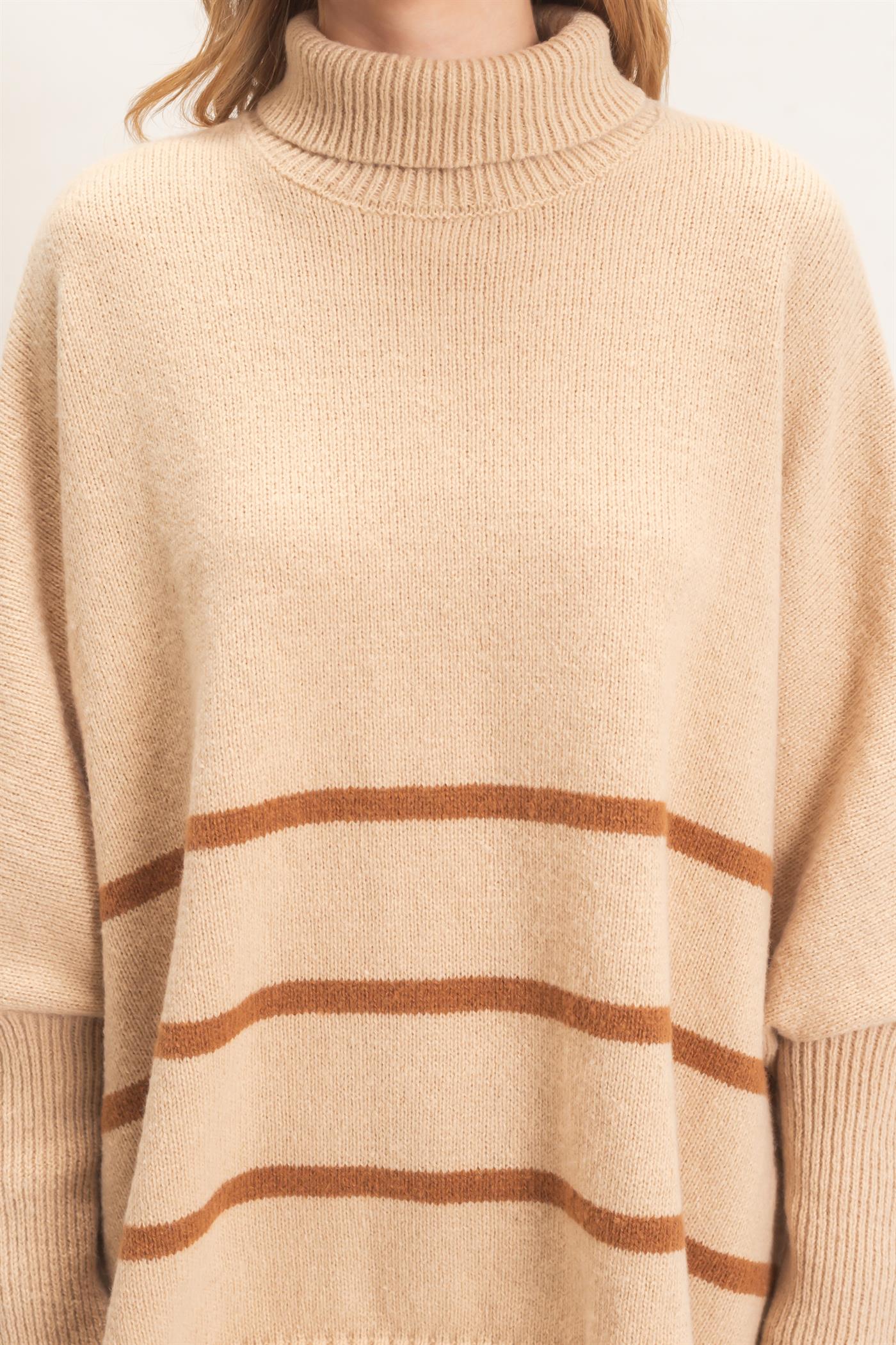 Wholesale Striped Turtleneck Poncho Sweater Sweaters HF26F194 L.TAUPE HYFVE