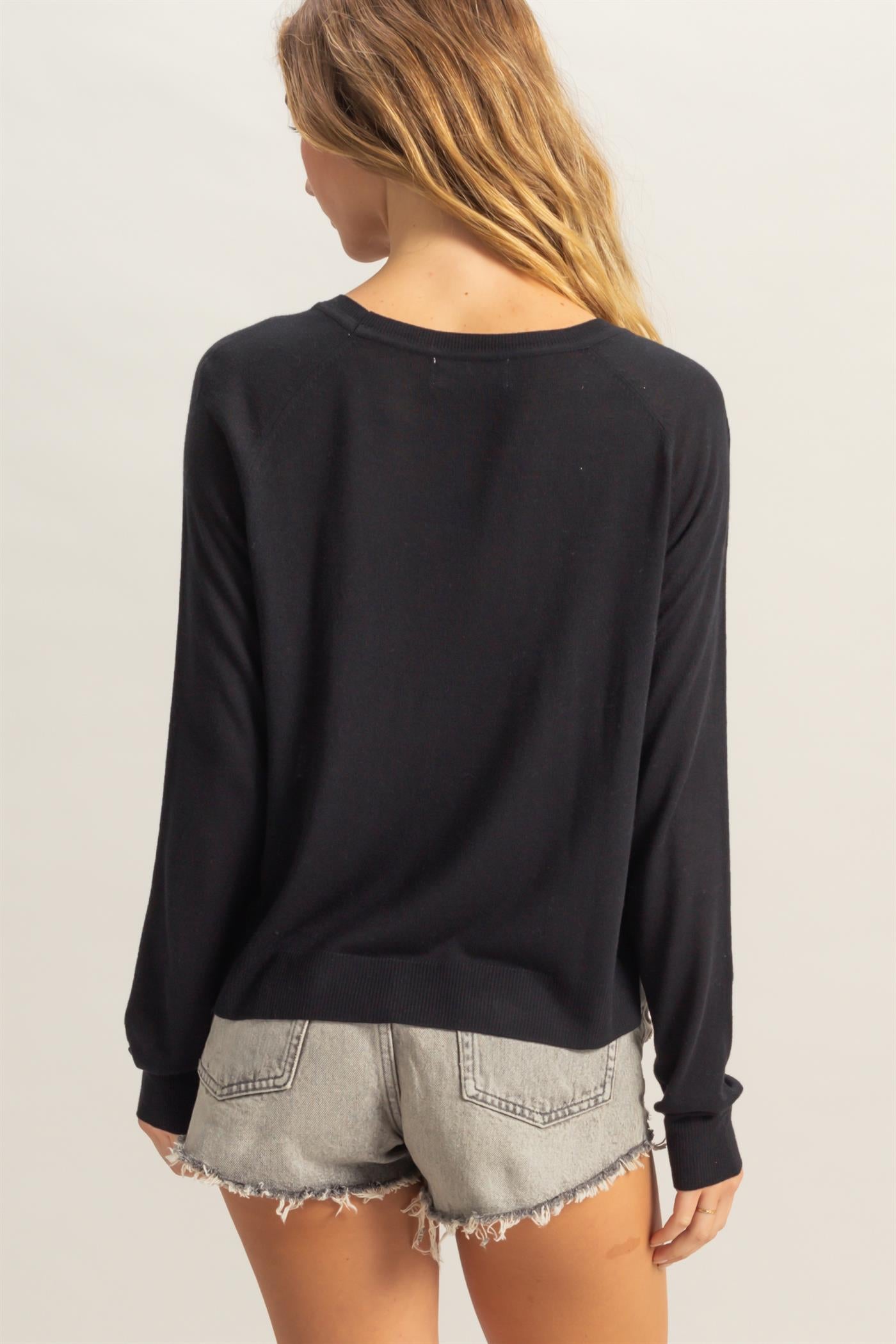 Wholesale Round Neck Raglan Sleeve Knit Top Sweaters DZ25C061 BLACK DOUBLE ZERO