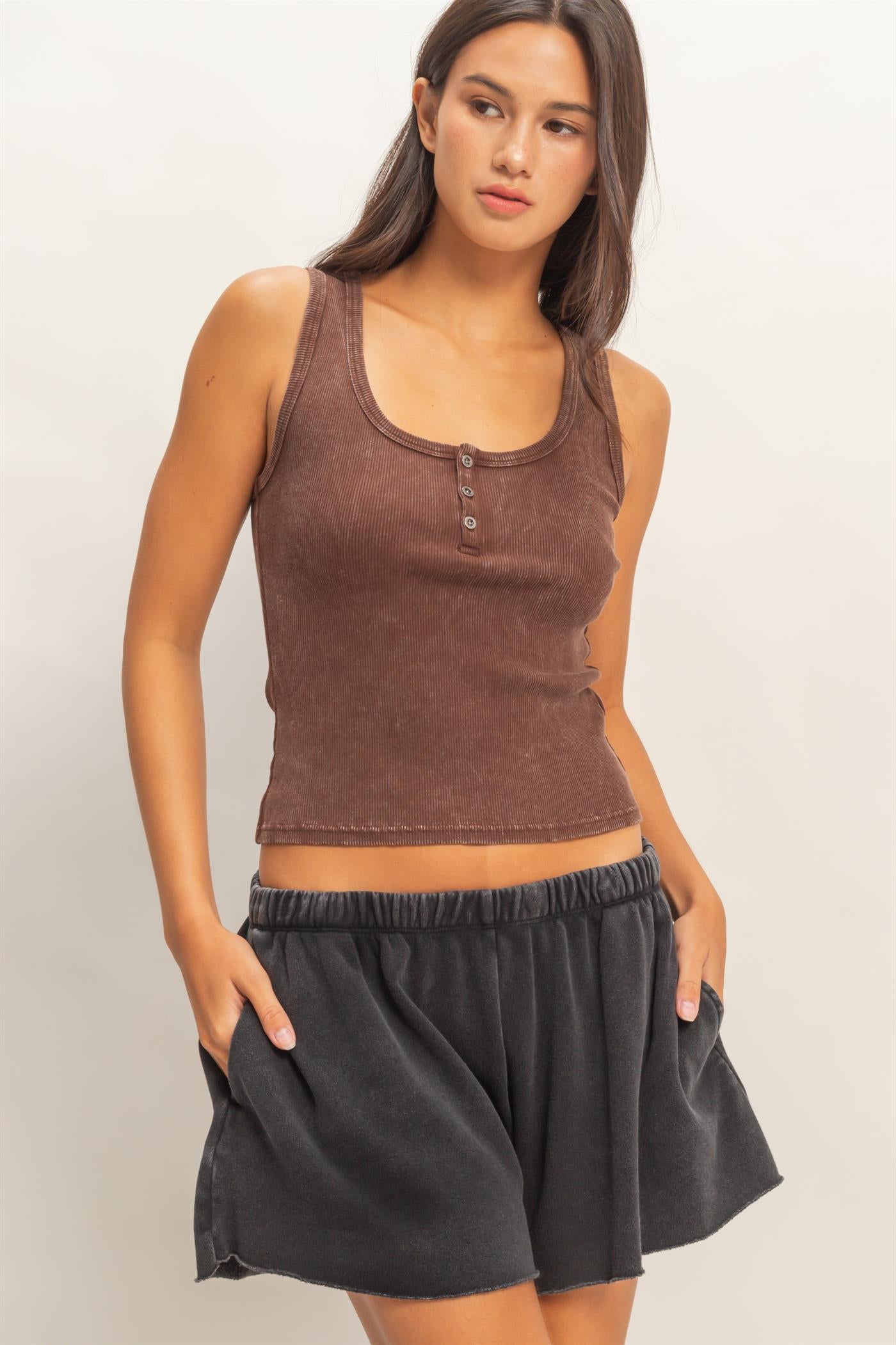 Wholesale Acid Washed Henley Ribbed Tank Top Tank Tops DZ26C661 CHOCOLATE DOUBLE ZERO