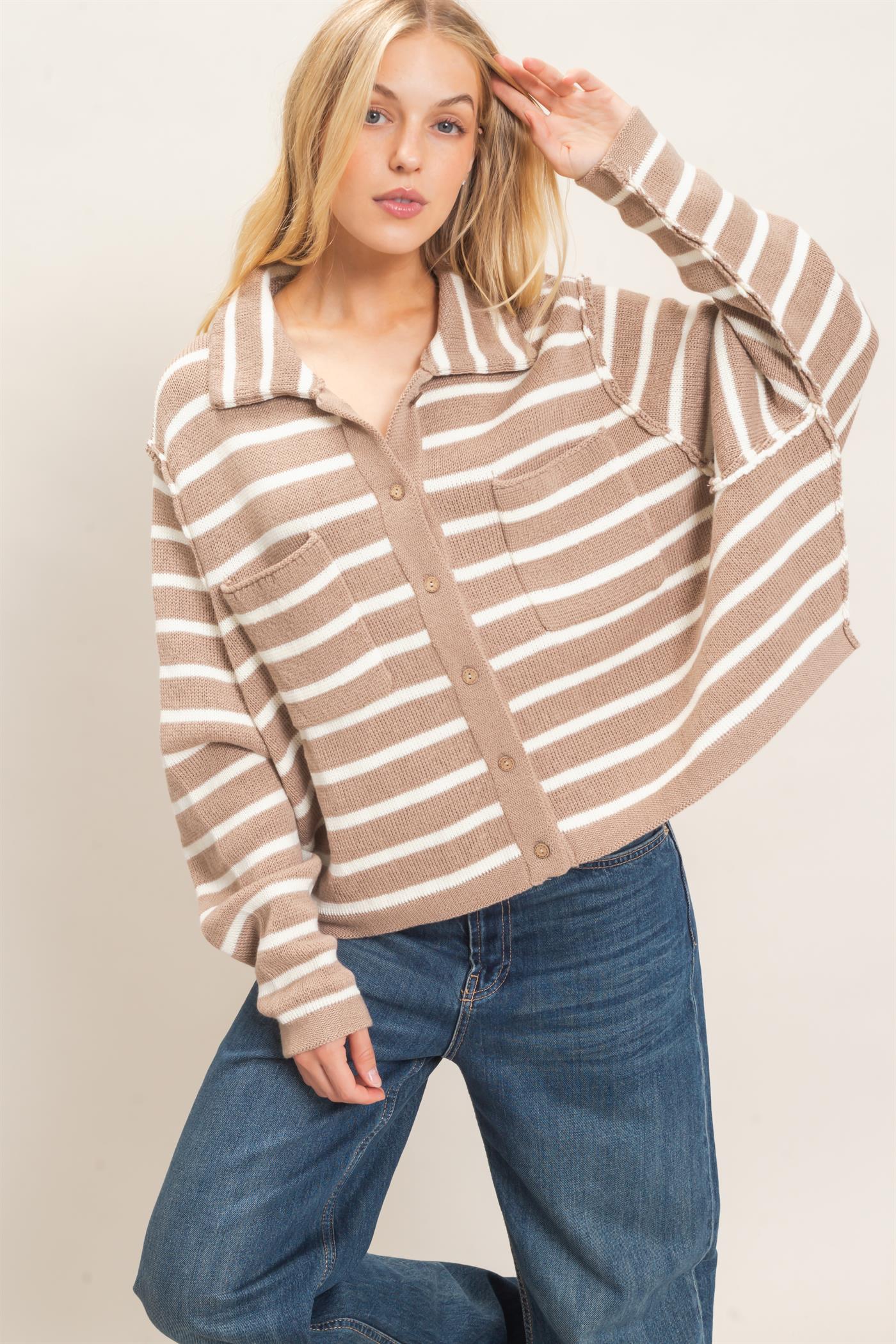 Wholesale Striped Button Front Cardigan Sweaters HF26F197 TAUPE HYFVE