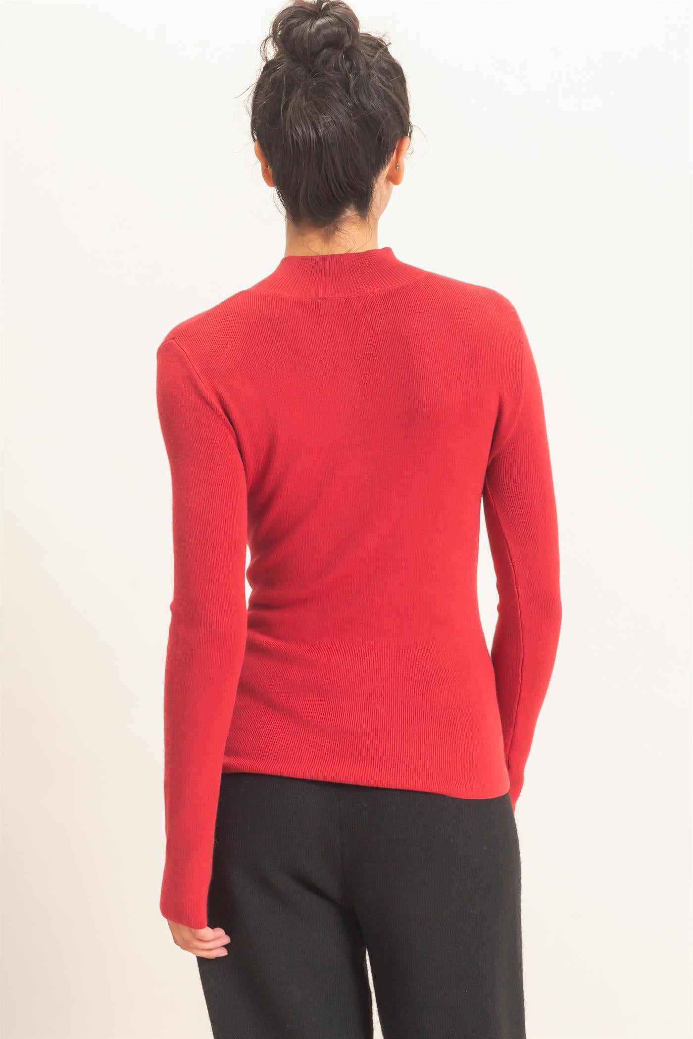 Wholesale Ribbed Mock Neck Long Sleeve Knit Top Clothing Tops DZ26F201 DARK RED DOUBLE ZERO