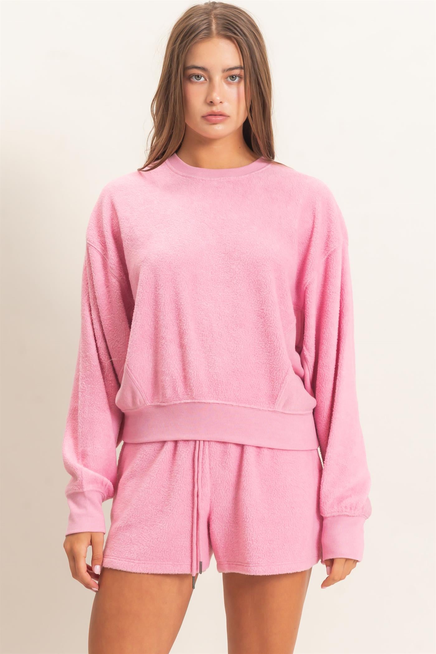 Wholesale Contrast Sweatshirt & Shorts Set Clothing DZ25F478-SET PINK DOUBLE ZERO