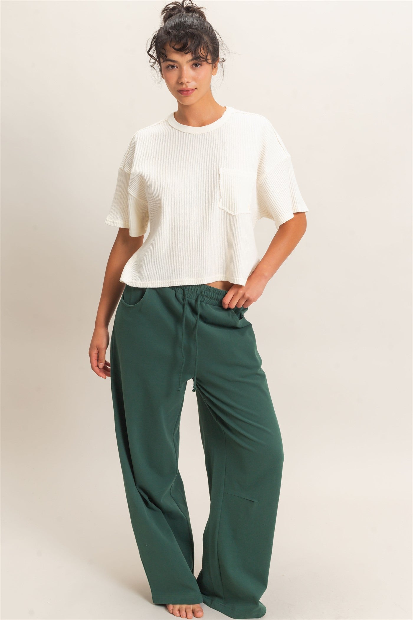 Wholesale Washed Barrel Sweatpants Pants DZ26E379 DARK GREEN DOUBLE ZERO