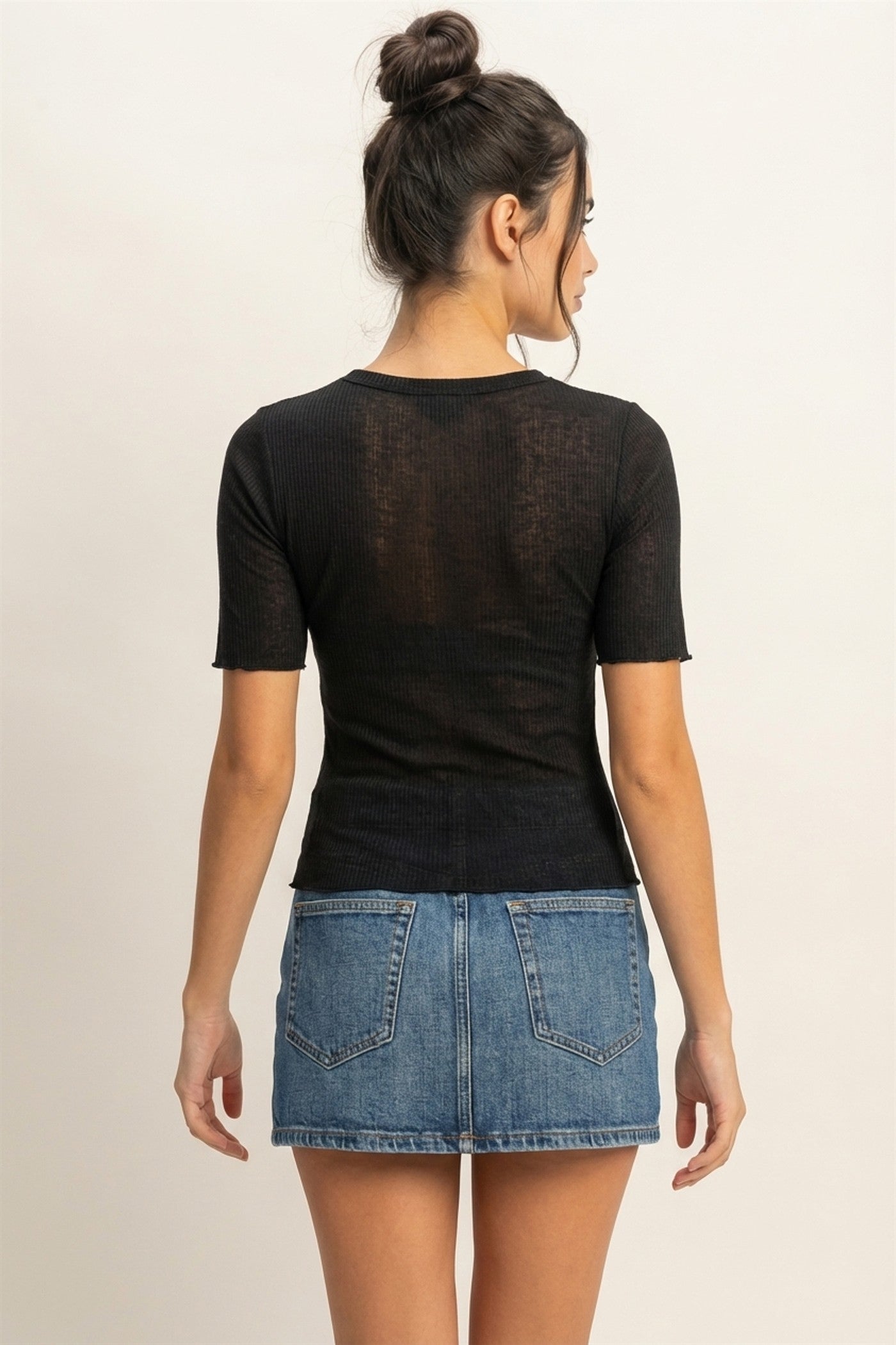 Wholesale Ribbed Short Sleeve Top Clothing Tops DZ24C197 BLACK DOUBLE ZERO