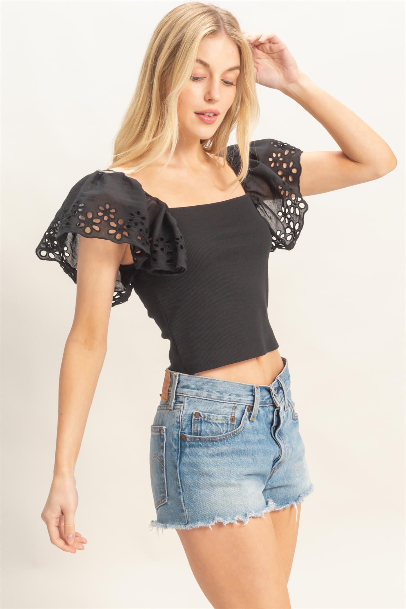 Wholesale Square Neck Eyelet Sleeve Top Clothing Tops HF26A623 BLACK HYFVE