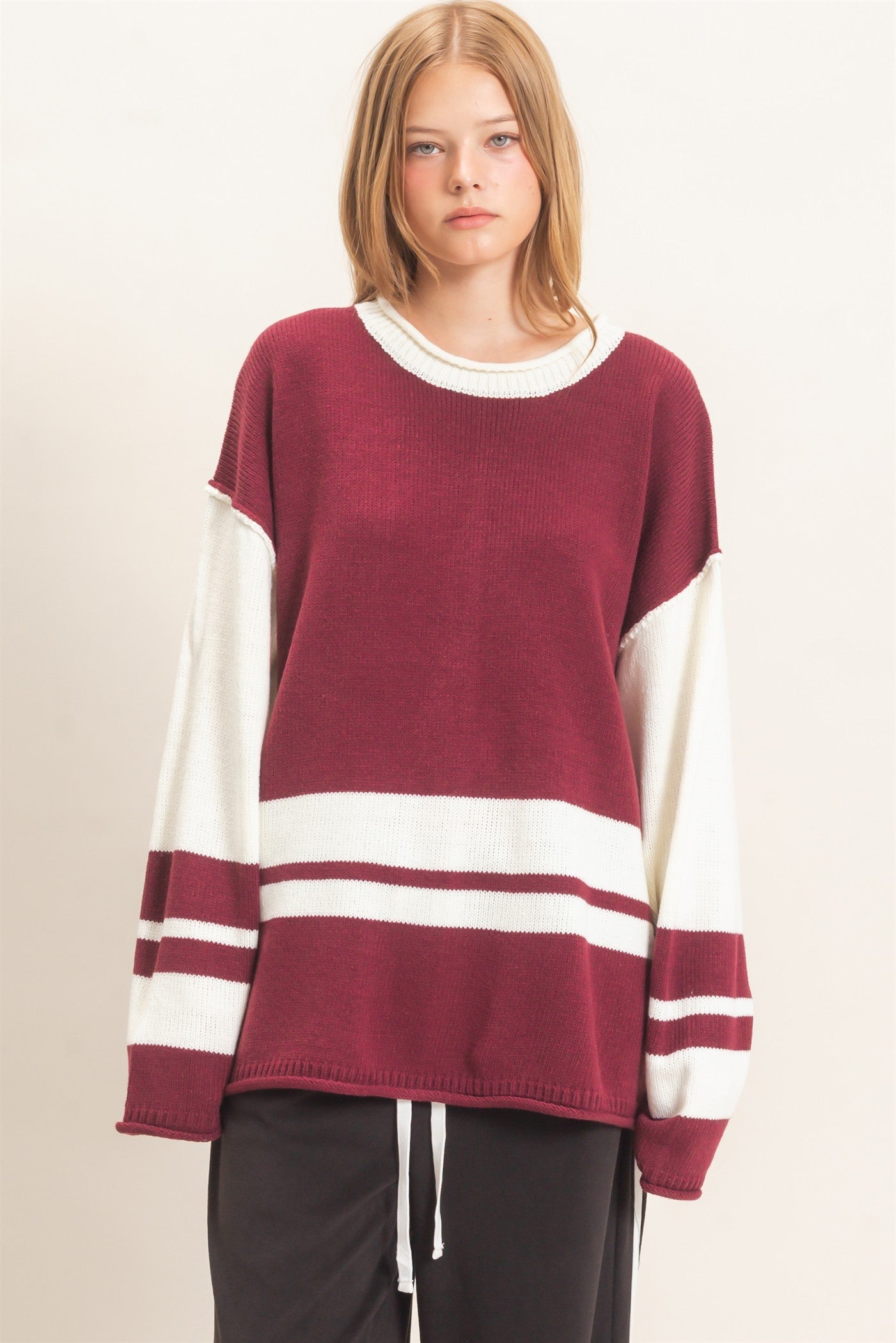 Wholesale Striped Crew Neck Sweater Sweaters HF26E793 CRANBERRY HYFVE