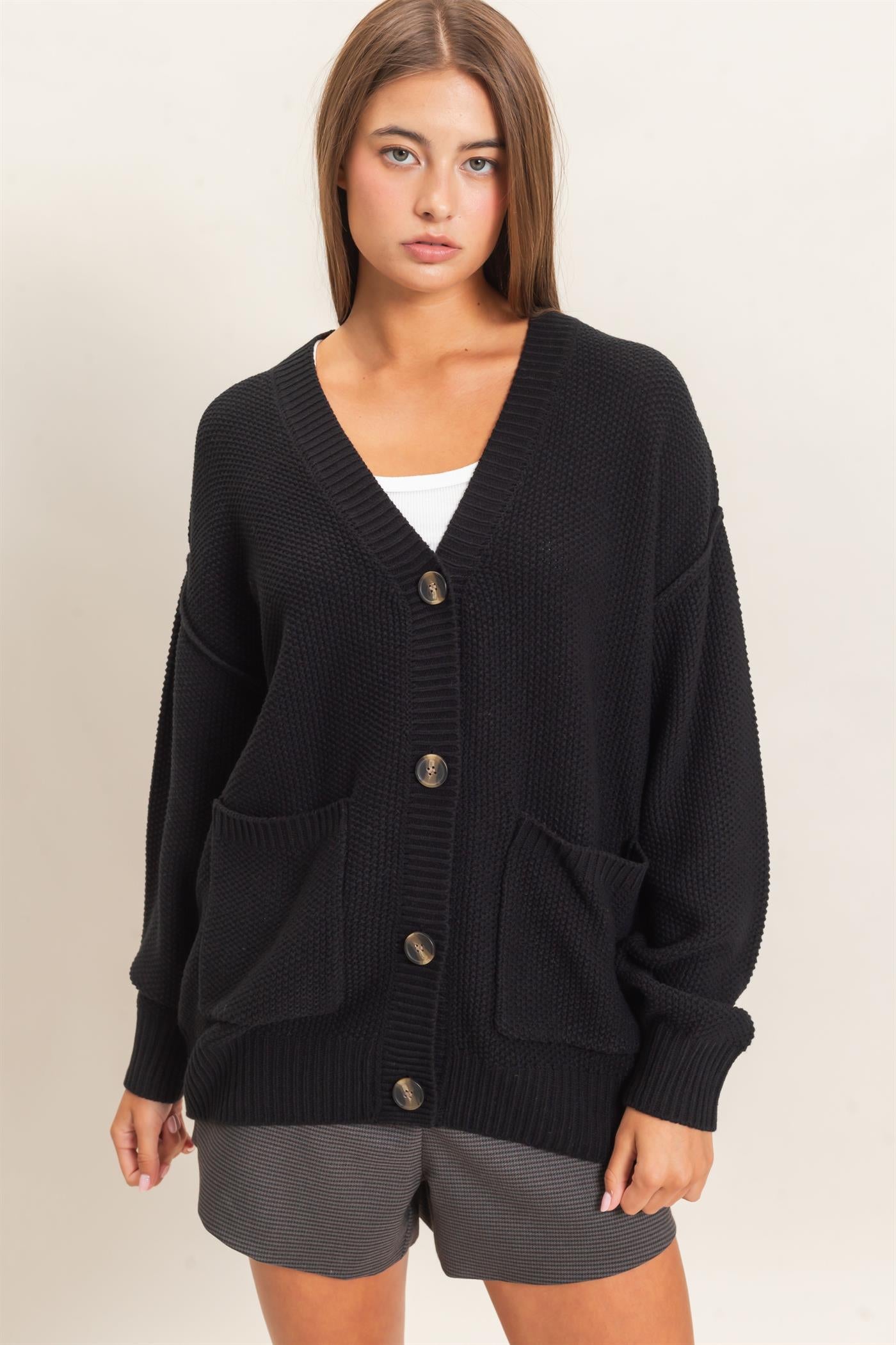 Wholesale Textured Oversized Knit Buttoned Cardigan Cardigans DZ26C971 BLACK DOUBLE ZERO
