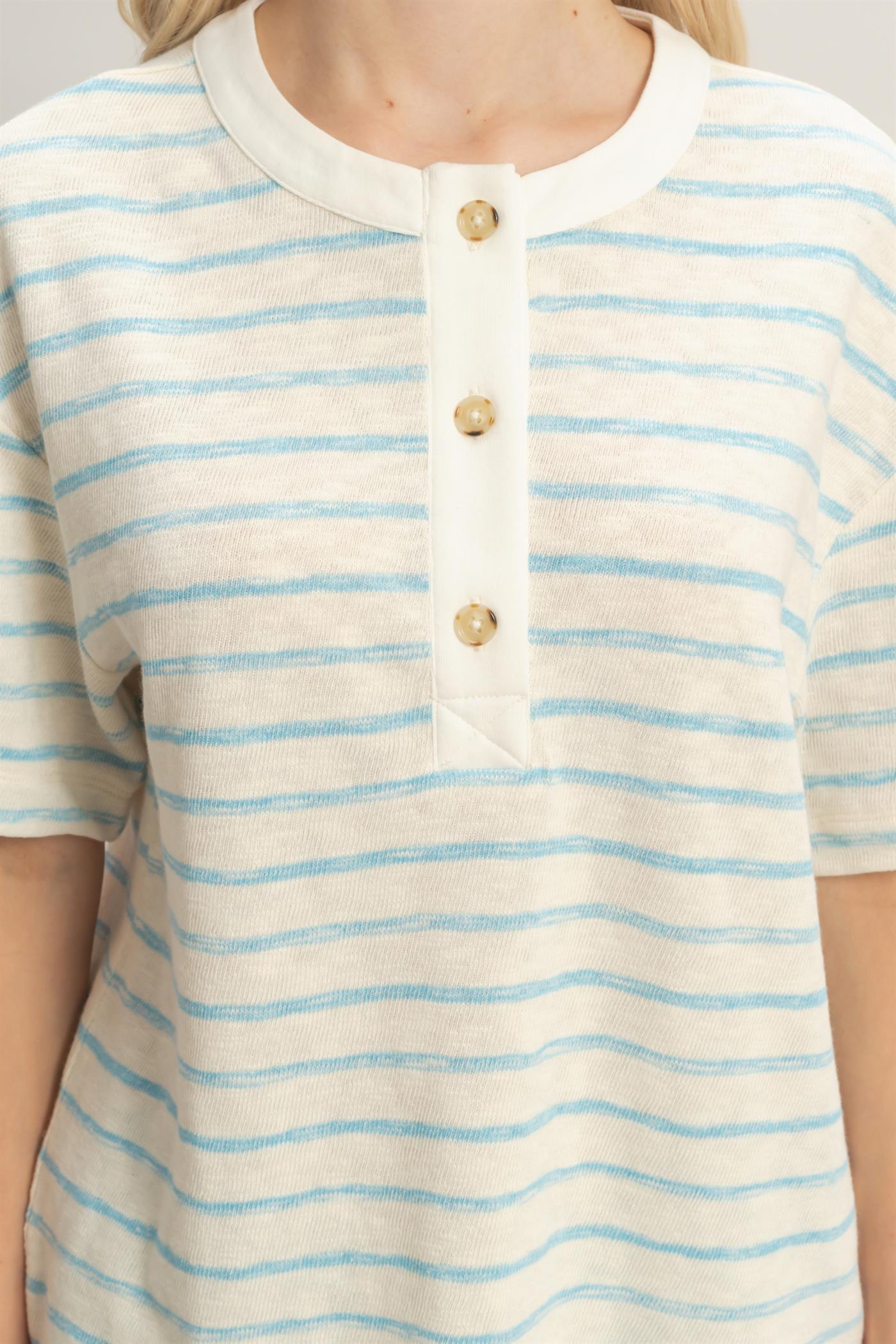 Wholesale Striped Short Sleeve Henley Top Clothing Tops DZ26A653 BLUE DOUBLE ZERO