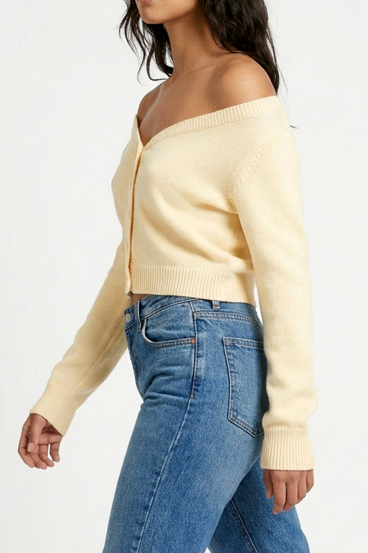 Wholesale Off The Shoulder Long Sleeve Crop Sweater Top Sweaters DZ25E404 CREAM DOUBLE ZERO