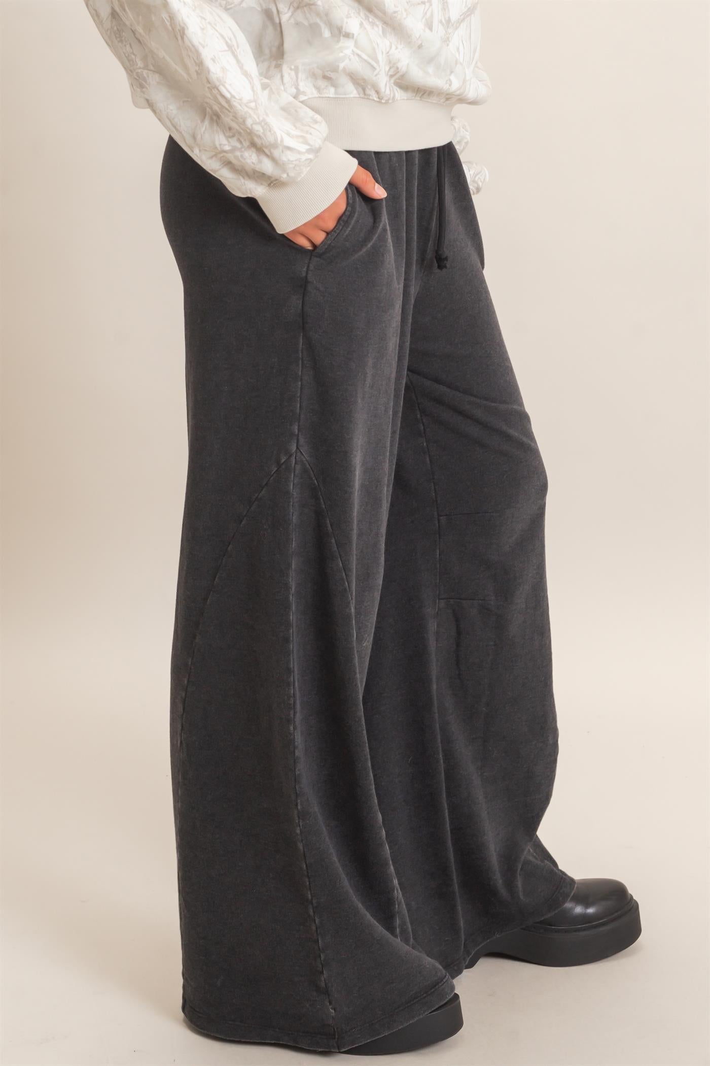 Wholesale Mineral Washed Wide Leg Pants Pants DZ26F082 BLACK DOUBLE ZERO