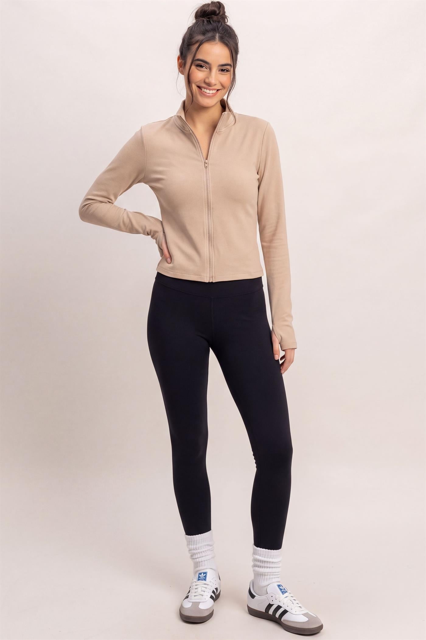 Wholesale Mock Neck Long Sleeve Zip Up Top Clothing Tops DZ26E911 TAUPE DOUBLE ZERO