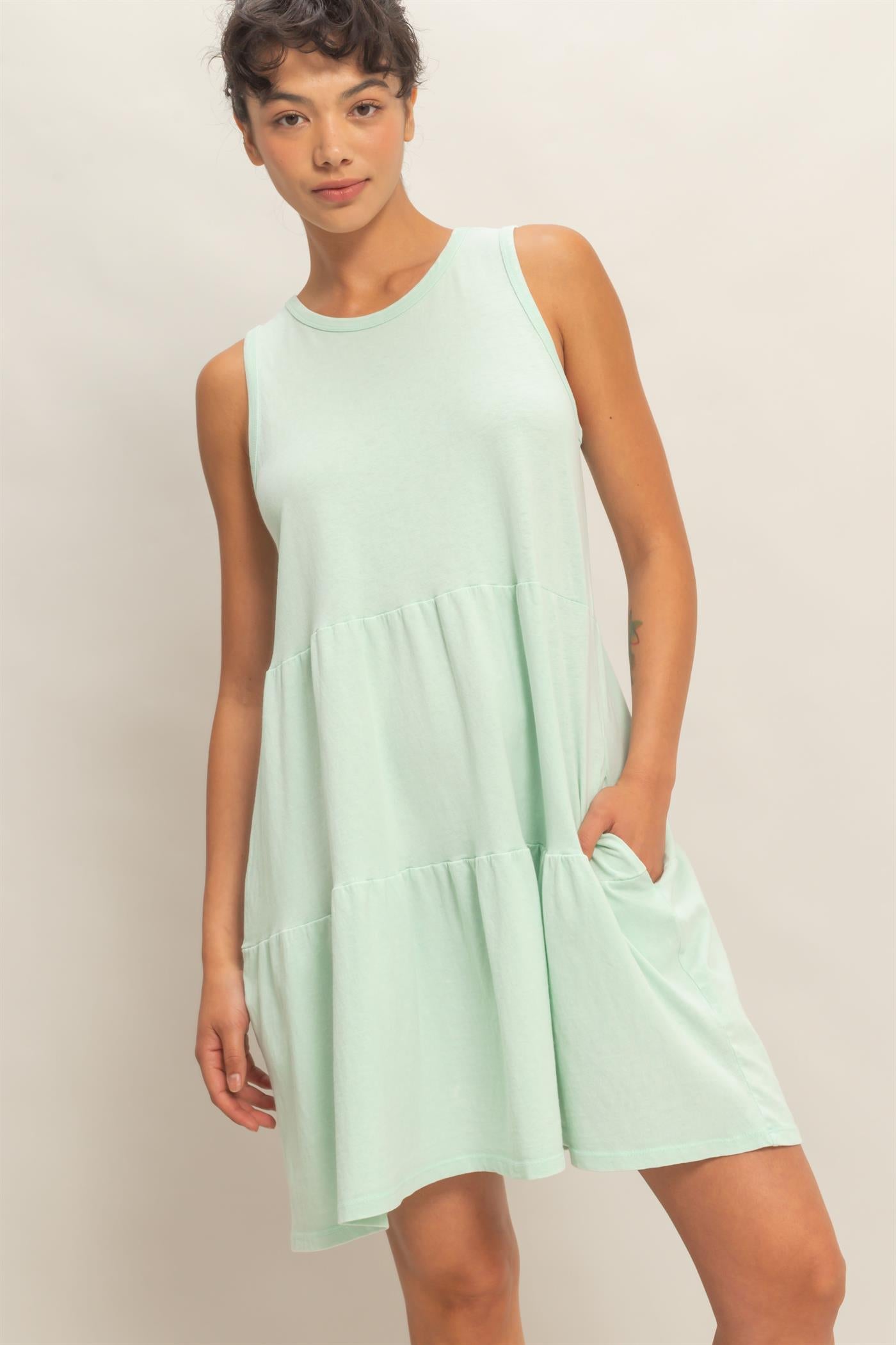 Wholesale Sleeveless Crewneck Tiered Mini Dress Dresses DZ26C208 MINT DOUBLE ZERO