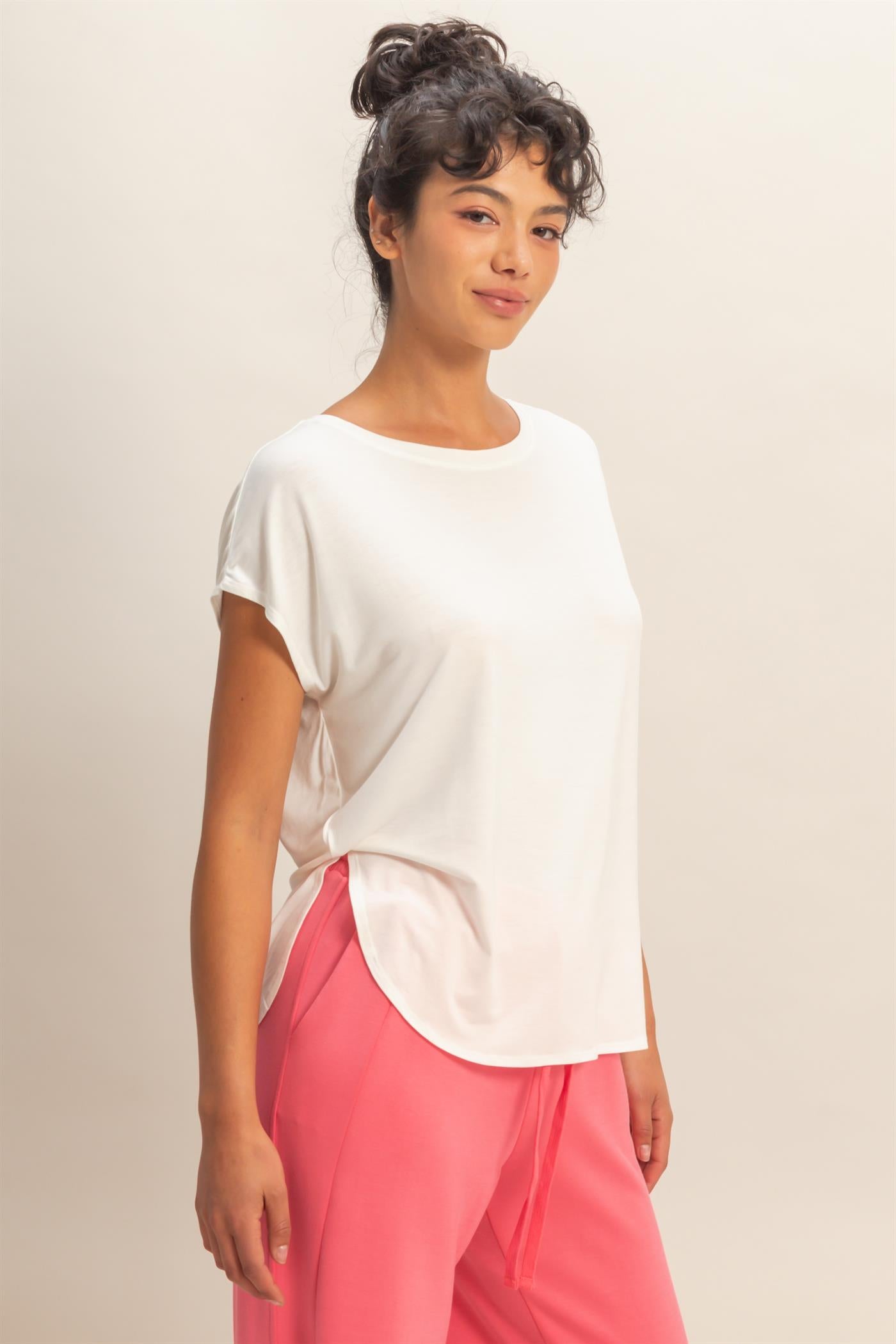 Wholesale Relaxed Dolman Short Sleeve  Round Neck Top Shirts DZ26A270 OFF WHITE DOUBLE ZERO