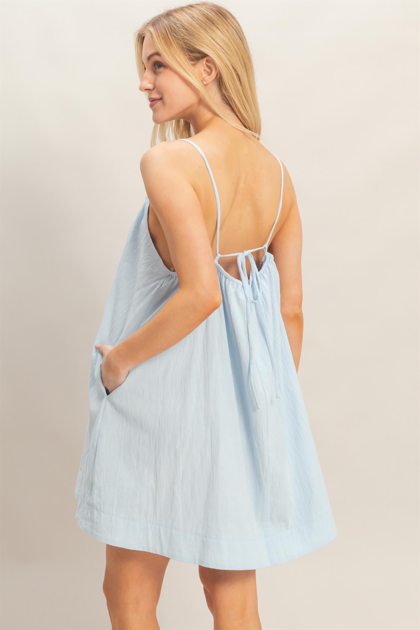 Wholesale Gathered Tie Strap Dress Dresses HF26A237 L.BLUE HYFVE