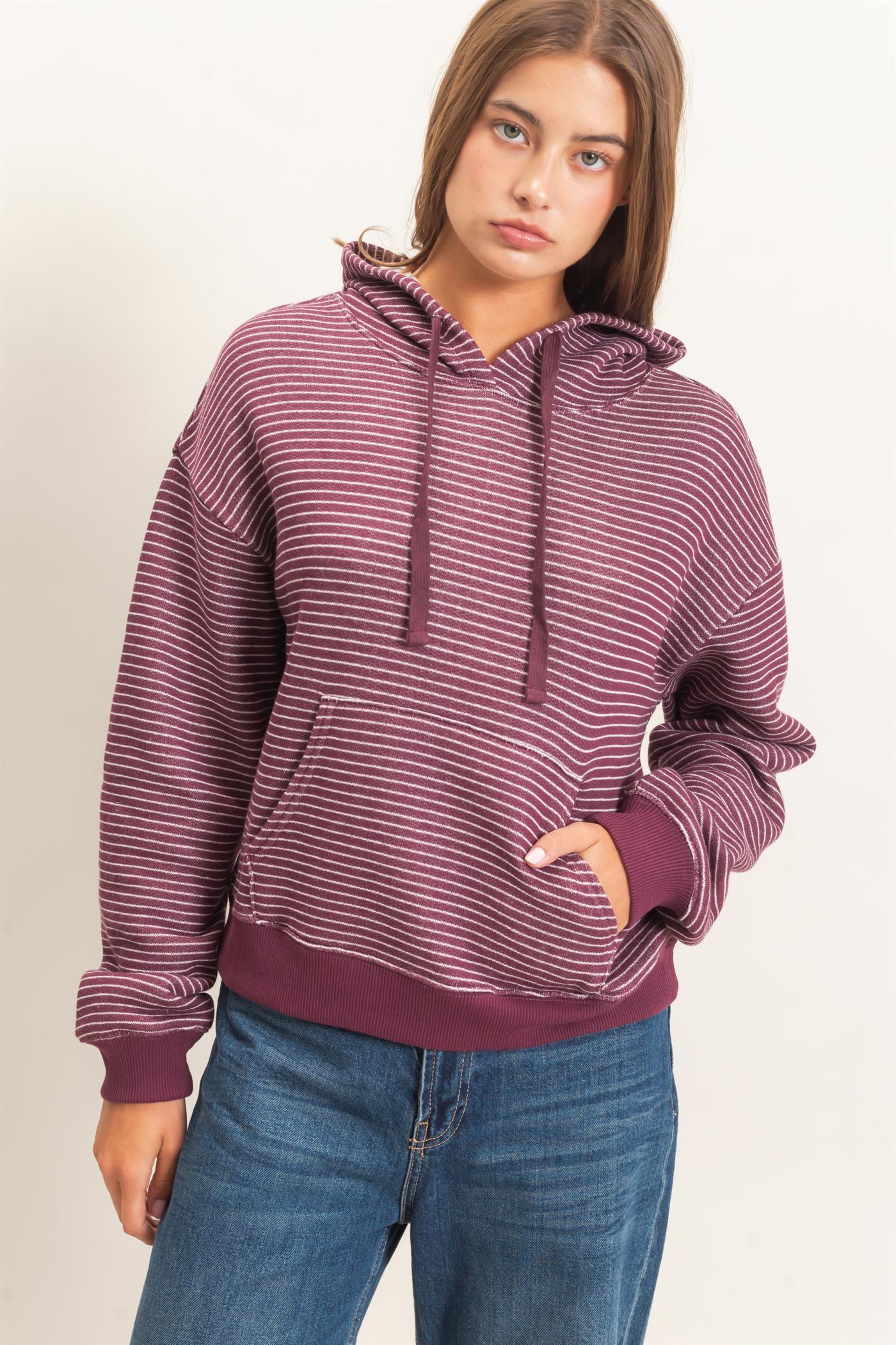 Wholesale Striped French Terry Hoodie Hoodies DZ26C619 DARK CHERRY DOUBLE ZERO